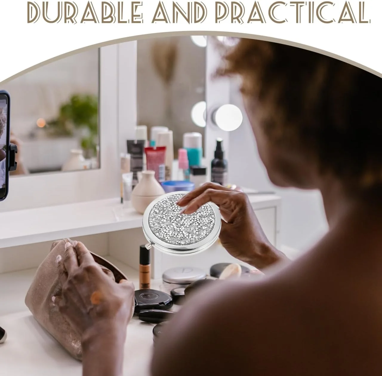 کیف پول مسافرتی LALAFINA، آینه جیبی نگین دار، آینه دو طرفه کیف دستی، آینه جمع و جور براق، آینه دستی گرد آرایشی برای زنان و دختران، آینه مسافرتی