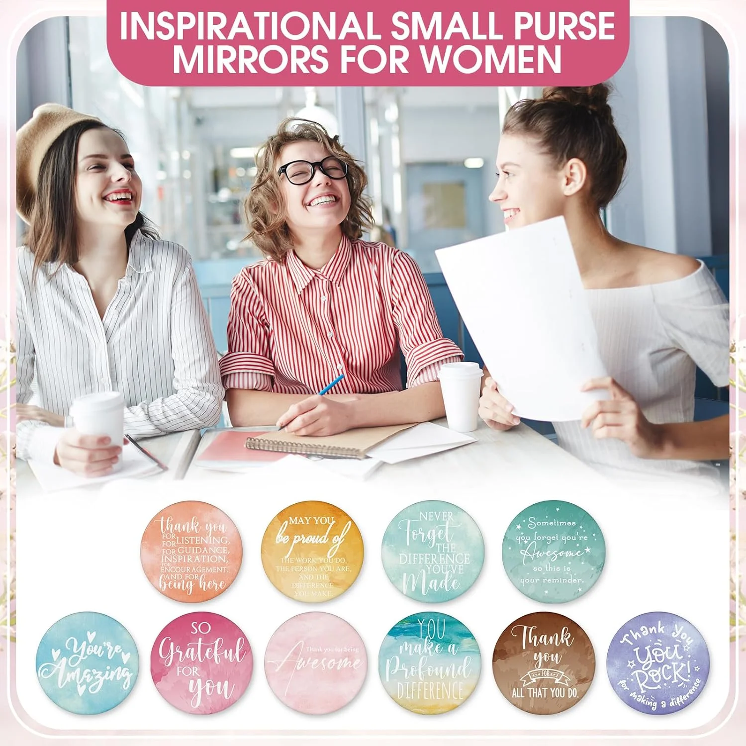 آینه های جیبی انگیزشی کیگلی، بسته 50 عددی، هدیه ای مناسب برای قدردانی از کارمندان، آینه گرد کوچک آرایشی قابل حمل برای زنان، مناسب همکاران، منشی ها، معلمان، پرستاران و دانش آموزان (رنگارنگ)