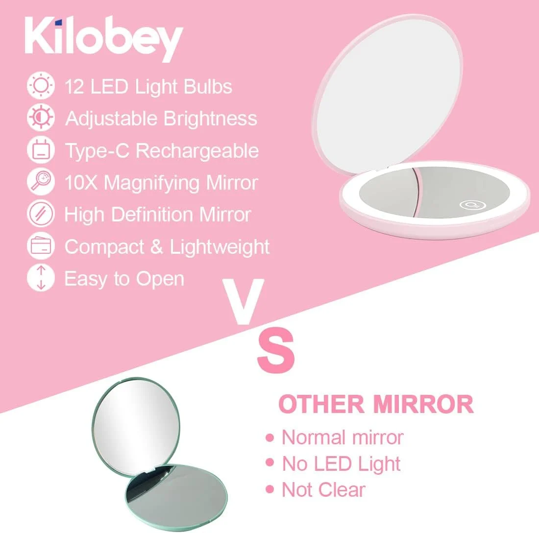 آینه آرایشی کیفی Kilobey با نور LED، آینه مسافرتی روشن با بزرگنمایی 1x/10x، آینه جیبی قابل شارژ، آینه گرد تاشو دو طرفه 3.5 اینچی برای کیف دستی، (2 عددی)