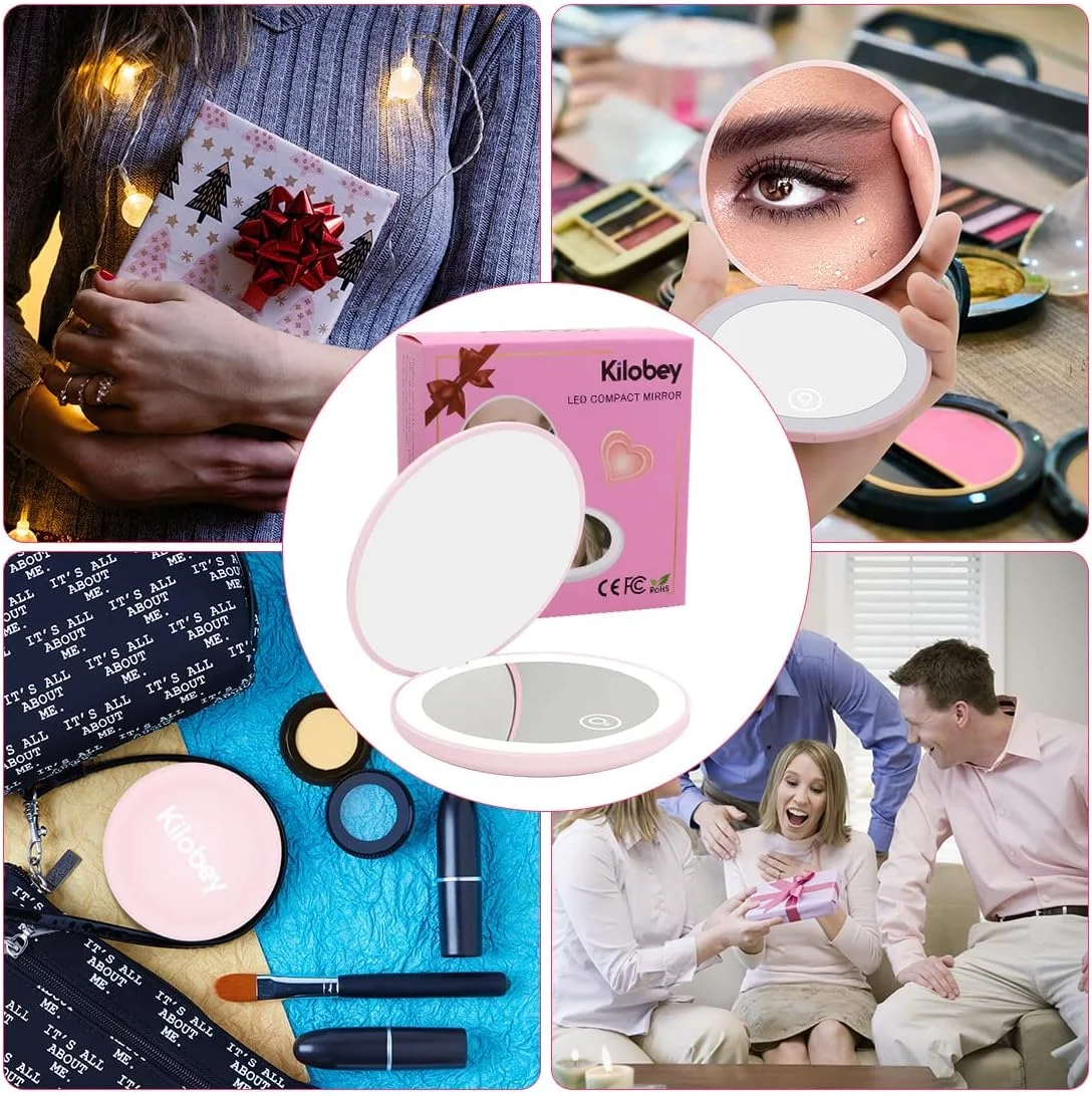 آینه آرایشی کیفی Kilobey با نور LED، آینه مسافرتی روشن با بزرگنمایی 1x/10x، آینه جیبی قابل شارژ، آینه گرد تاشو دو طرفه 3.5 اینچی برای کیف دستی، (2 عددی)