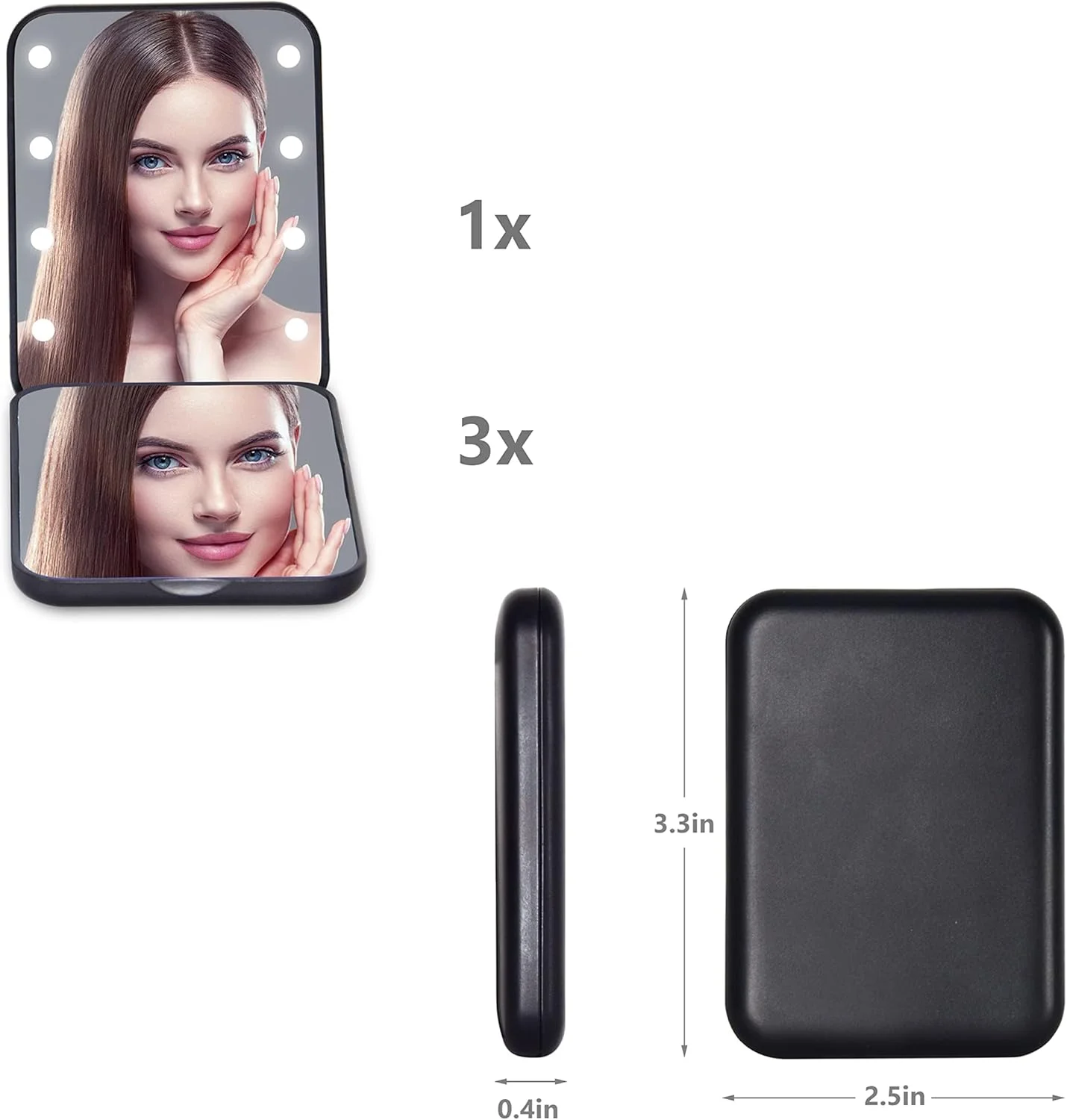 آینه جیبی خزنه، بزرگنمایی 1X/3X، آینه آرایشی مسافرتی/کیفی جمع و جور LED با نور، 2 طرفه، قابل حمل، تاشو، دستی، کوچک و روشن برای هدیه، مشکی