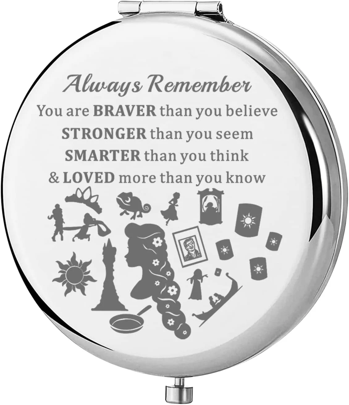 آینه جیبی راپونزل KEYCHIN، هدیه ای برای طرفداران پرنسس گیسو کمند. همیشه به یاد داشته باش که شجاع تر، قوی تر و باهوش تر از آن چیزی هستی که فکر می کنی. آینه آرایشی جمع و جور برای زنان، دختران و نوجوانان (آینه راپونزل-S)