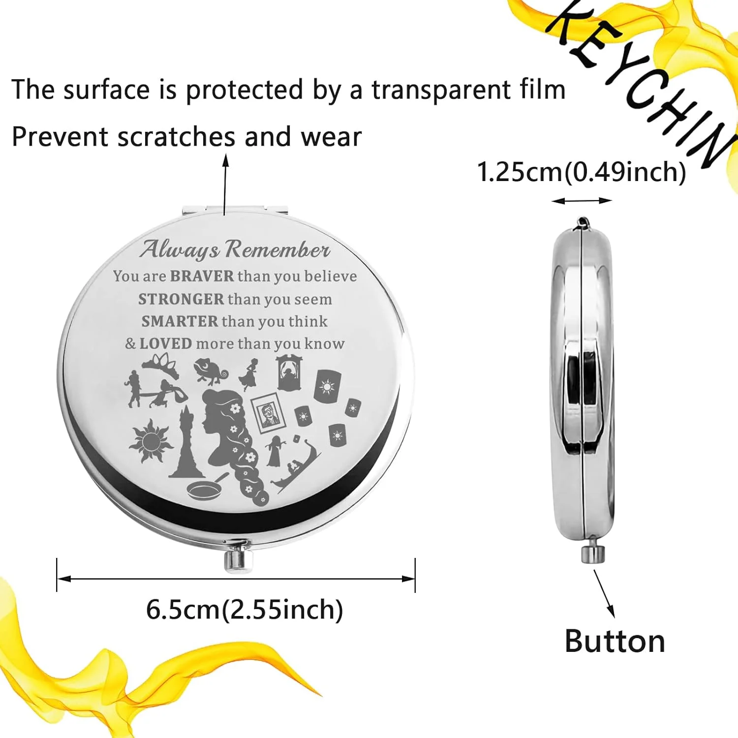 آینه جیبی راپونزل KEYCHIN، هدیه ای برای طرفداران پرنسس گیسو کمند. همیشه به یاد داشته باش که شجاع تر، قوی تر و باهوش تر از آن چیزی هستی که فکر می کنی. آینه آرایشی جمع و جور برای زنان، دختران و نوجوانان (آینه راپونزل-S)