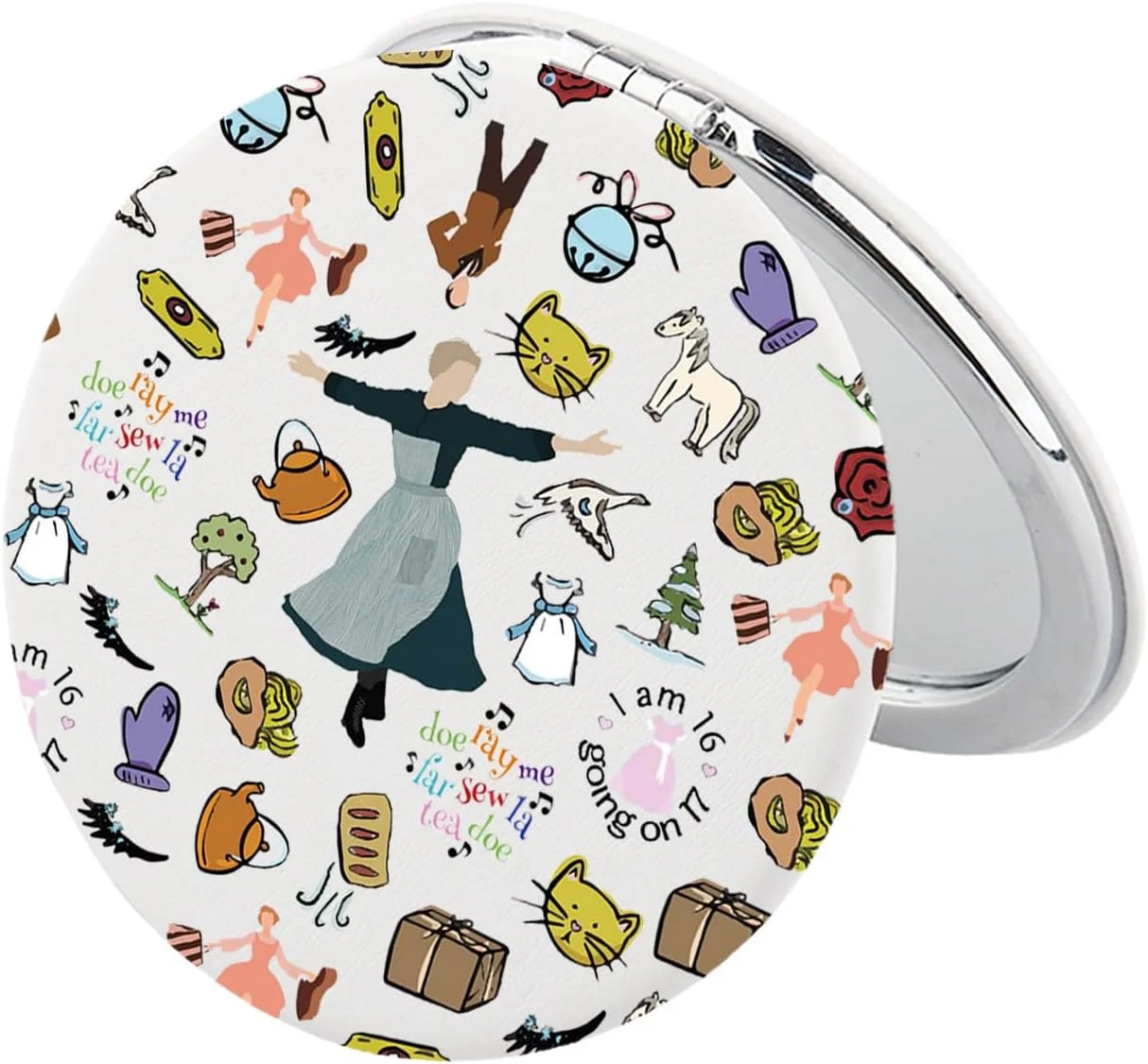 آینه جیبی موزیکال "آوای موسیقی"، هدیه ای برای طرفداران ماریا، نت های موسیقی (Do Re Mi Fa Sol La Ti Do)، آینه آرایشی کوچک، کالای نمایشی "آوای موسیقی" (Do Re Mi-سفید)