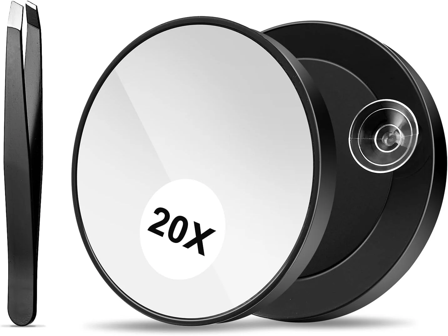 کیت آینه بزرگنمایی 20X مشکی Kifmurase و موچین ابرو، آینه آرایشی گرد فشرده 3.78 اینچی با 2 مکنده، آینه آرایشی مسافرتی کوچک برای آرایش زنان و دختران