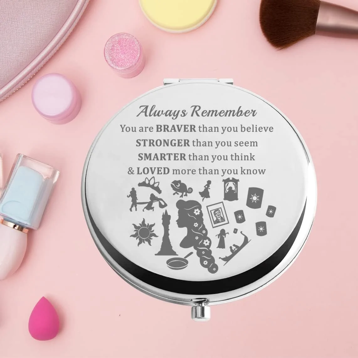 آینه جیبی راپونزل KEYCHIN، هدیه ای برای طرفداران پرنسس گیسو کمند. همیشه به یاد داشته باش که شجاع تر، قوی تر و باهوش تر از آن چیزی هستی که فکر می کنی. آینه آرایشی جمع و جور برای زنان، دختران و نوجوانان (آینه راپونزل-S)