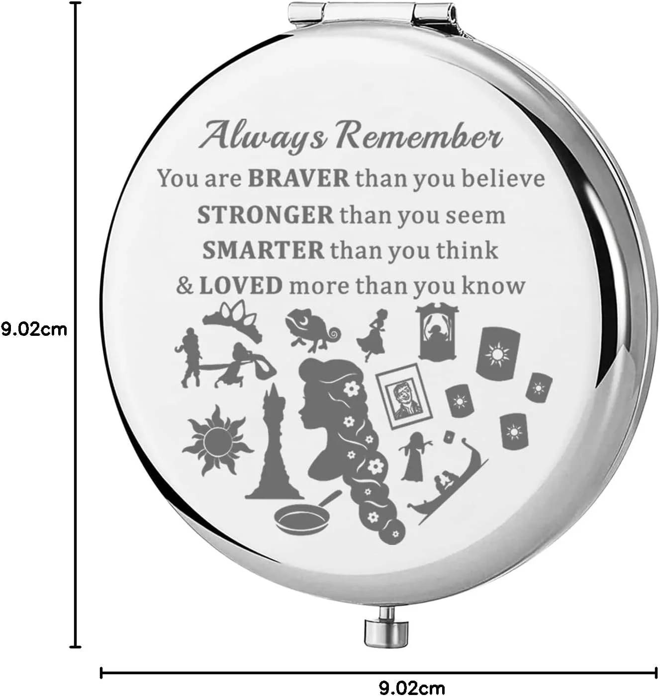 آینه جیبی راپونزل KEYCHIN، هدیه ای برای طرفداران پرنسس گیسو کمند. همیشه به یاد داشته باش که شجاع تر، قوی تر و باهوش تر از آن چیزی هستی که فکر می کنی. آینه آرایشی جمع و جور برای زنان، دختران و نوجوانان (آینه راپونزل-S)