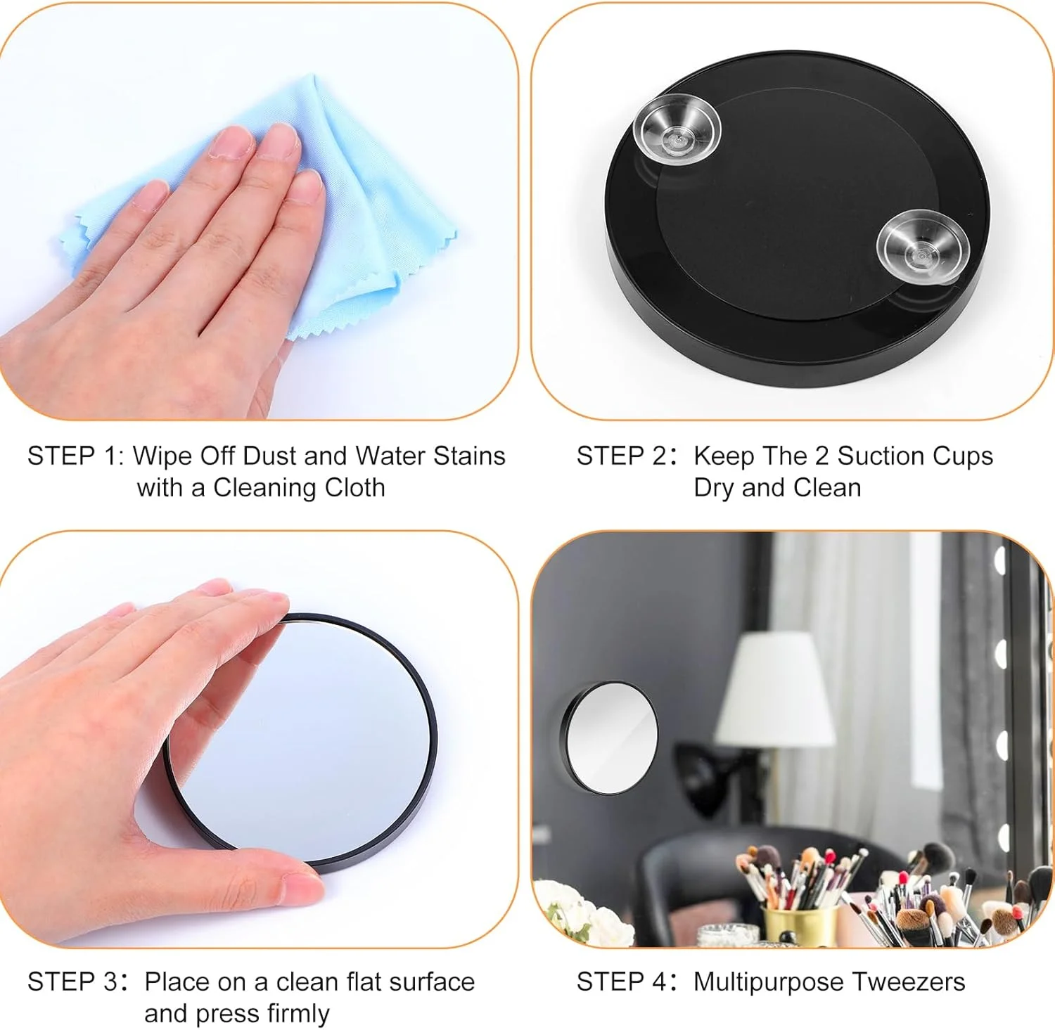 کیت آینه بزرگنمایی 20X مشکی Kifmurase و موچین ابرو، آینه آرایشی گرد فشرده 3.78 اینچی با 2 مکنده، آینه آرایشی مسافرتی کوچک برای آرایش زنان و دختران