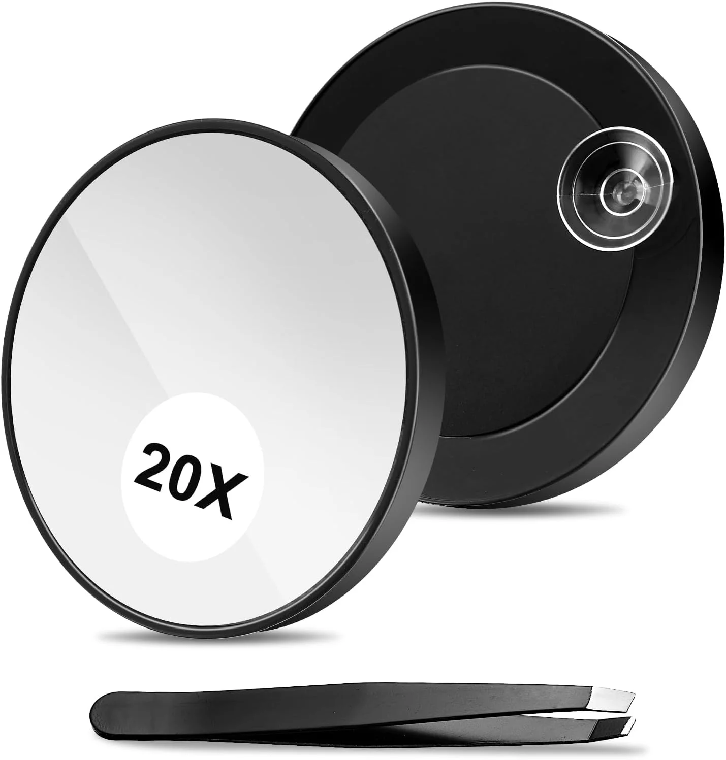 کیت آینه بزرگنمایی 20X مشکی Kifmurase و موچین ابرو، آینه آرایشی گرد فشرده 3.78 اینچی با 2 مکنده، آینه آرایشی مسافرتی کوچک برای آرایش زنان و دختران