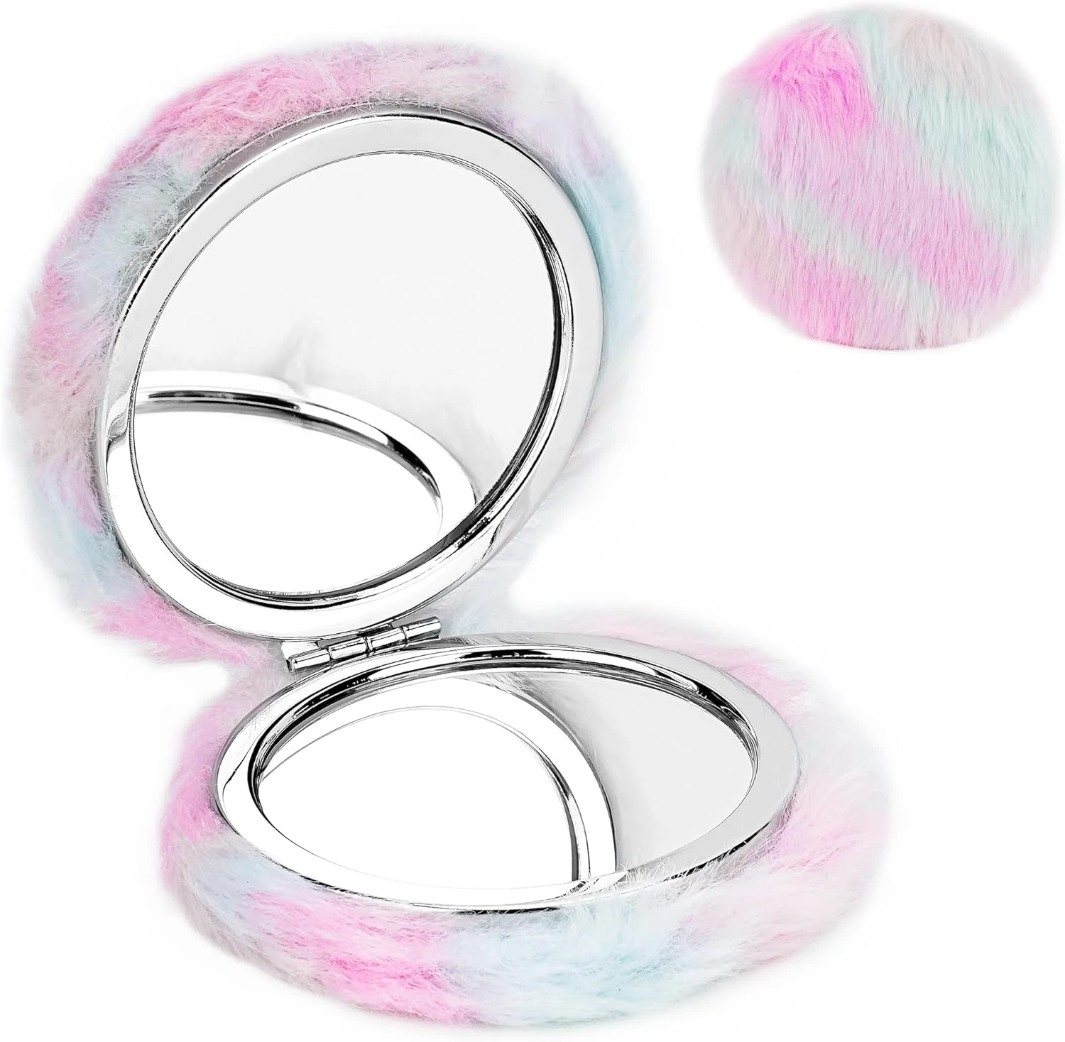 آینه جیبی فانتزی Biiange، آینه کوچک پُرزدار، آینه تاشو جمع و جور، آینه گرد مسافرتی برای کیف آرایش زنانه (1 عدد آبی پودری)