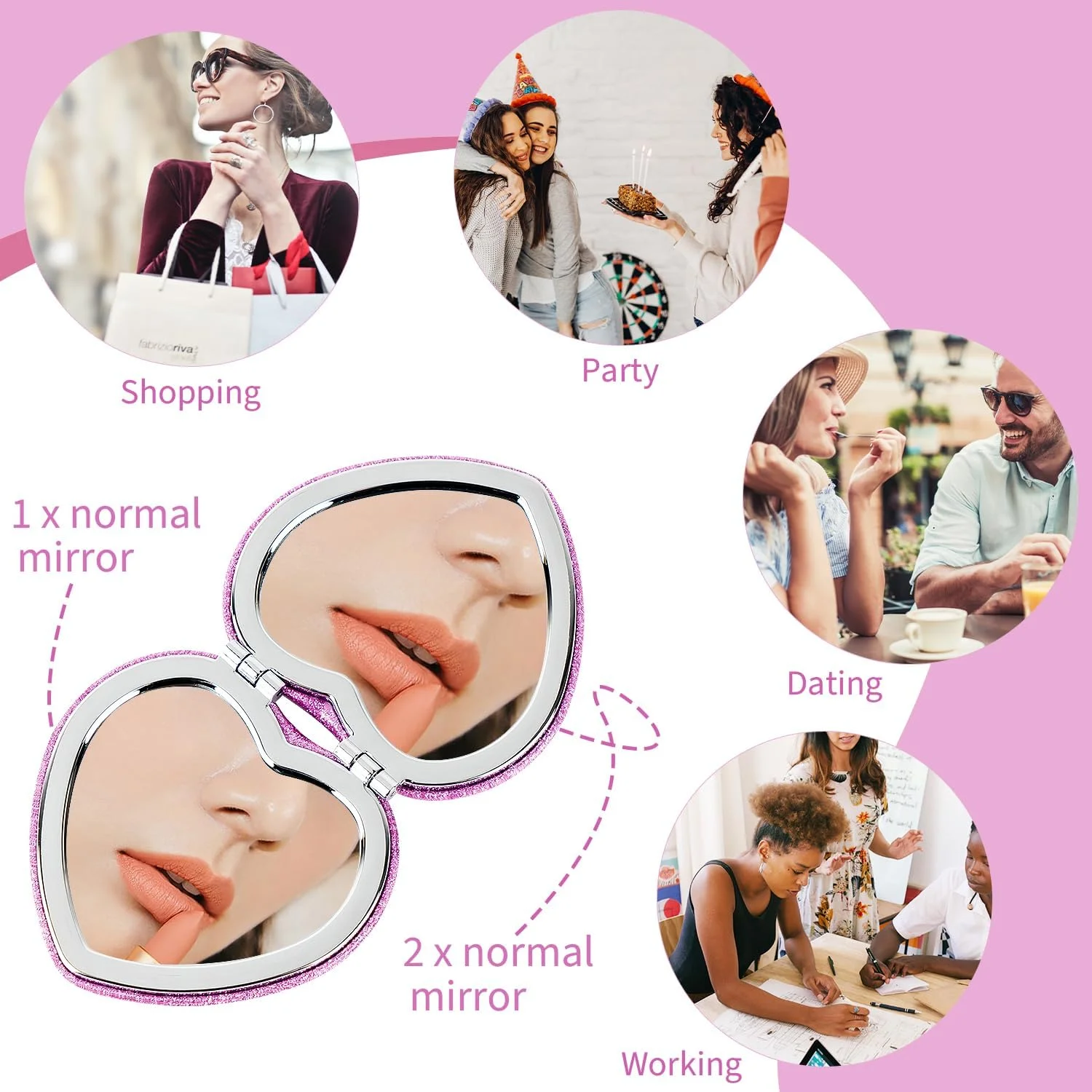 آینه تاشو جمع و جور Biiange، آینه آرایشی کوچک، آینه قلبی شکل مسافرتی قابل حمل برای زنان، آینه آرایش جمع و جور برای کیف (بنفش براق)