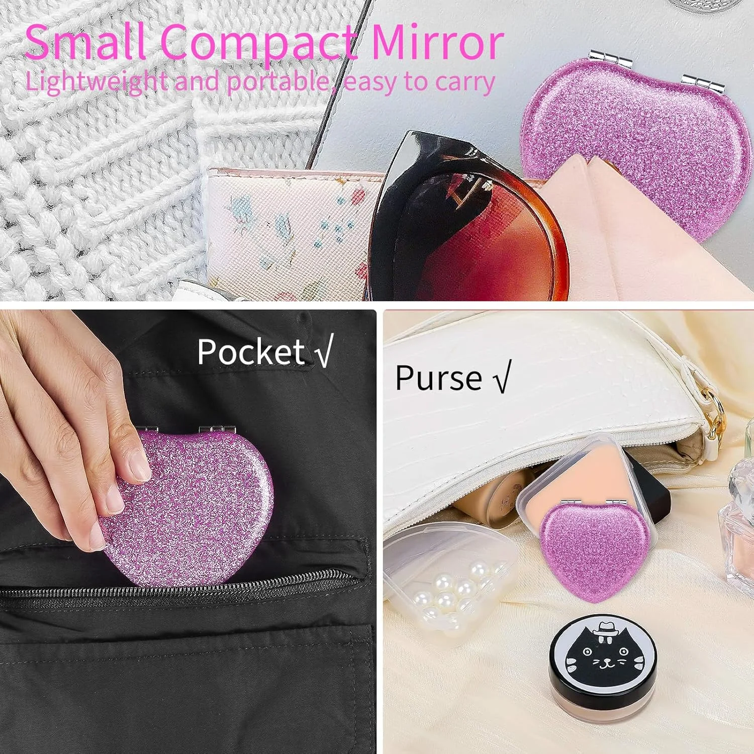 آینه تاشو جمع و جور Biiange، آینه آرایشی کوچک، آینه قلبی شکل مسافرتی قابل حمل برای زنان، آینه آرایش جمع و جور برای کیف (بنفش براق)