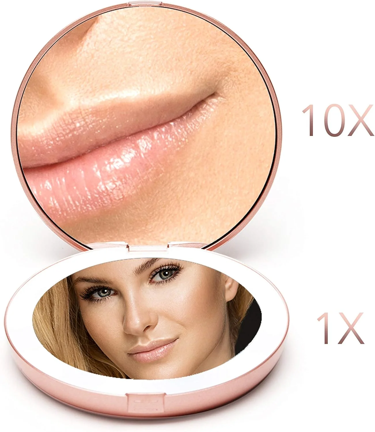 آینه آرایشی جیبی چراغ دار Fancii با بزرگنمایی 1X/10X - آینه دستی LED با نور طبیعی، قطر 5 اینچ، جمع و جور و قابل حمل برای مسافرت (رزگلد)