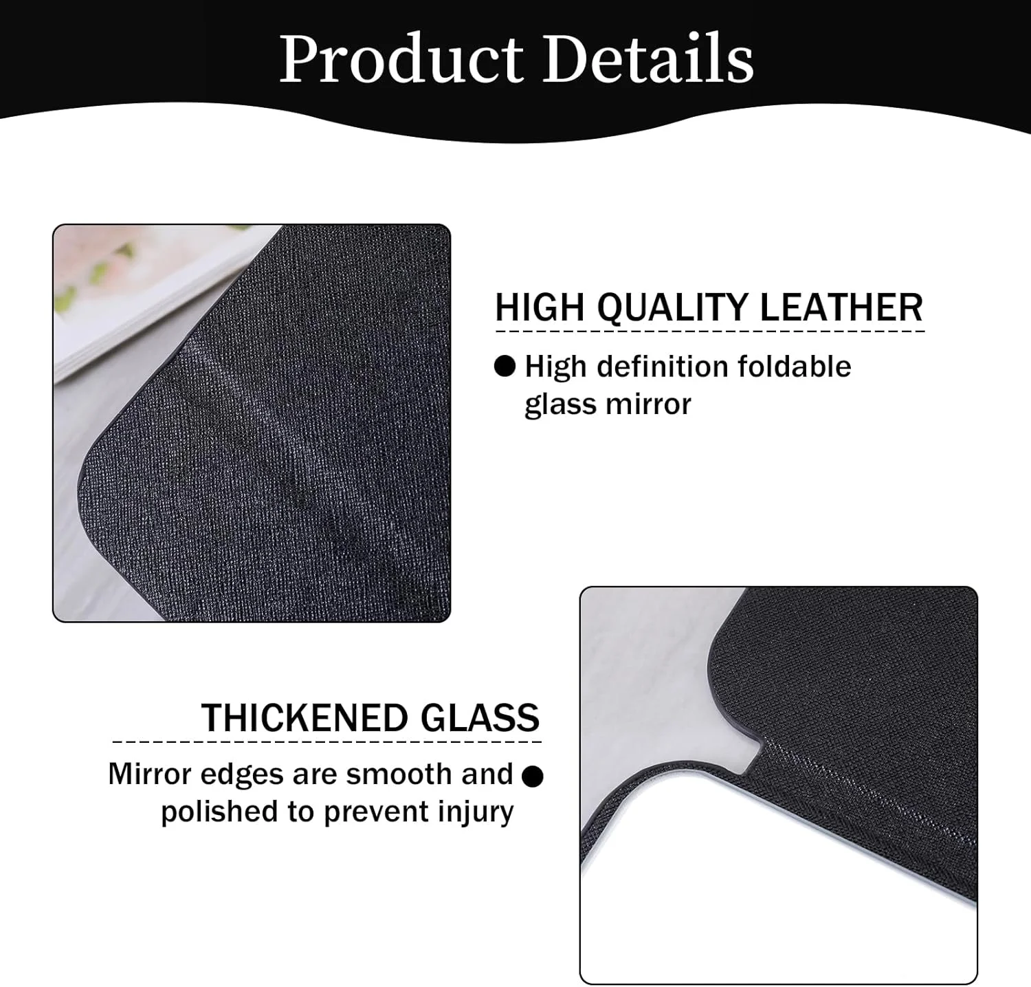آینه تاشو مسافرتی، آینه رومیزی با زوایای ایستاده متعدد، آینه تاشو با چرم PU مشکی، آینه آرایش فوق العاده HD، آینه جیبی، унисекс، فوق العاده نازک، بادوام، برای اصلاح و آرایش، 21