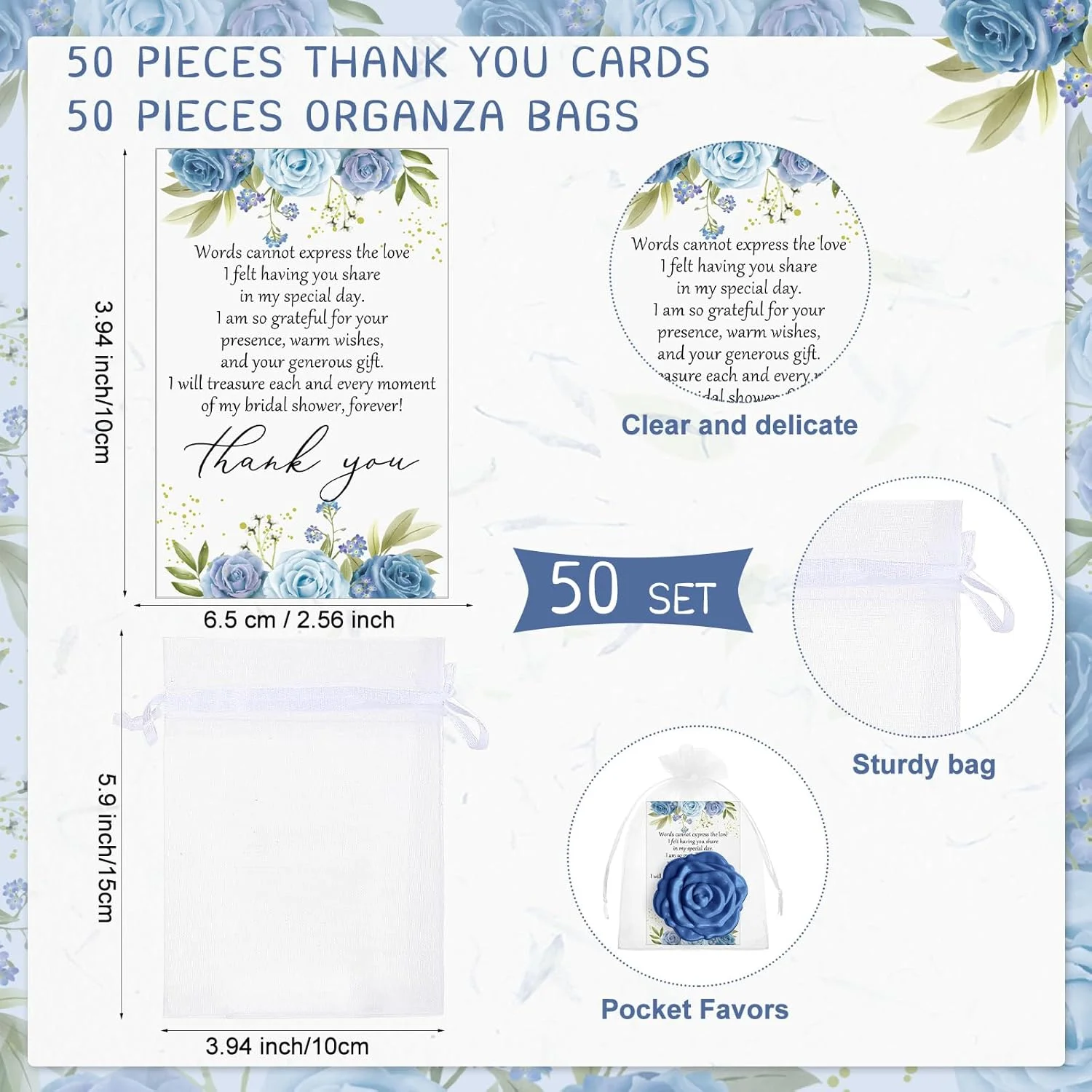 مجموعه 50 عددی آینه های جیبی تاشو رز، هدیه مهمانی عروسی شامل آینه های دستی رز، تگ های تشکر و کیسه ارگانزا سفید برای مهمانان خانم، مهمانی عروس (آبی)