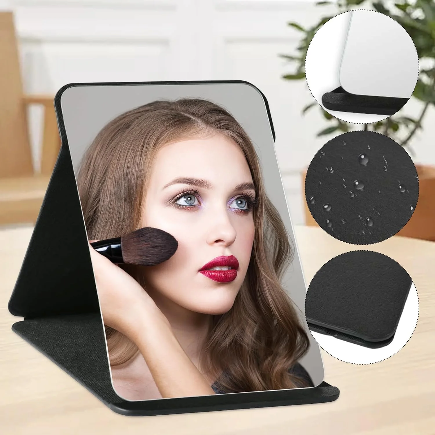 آینه تاشو مسافرتی، آینه رومیزی با زوایای ایستاده متعدد، آینه تاشو با چرم PU مشکی، آینه آرایش فوق العاده HD، آینه جیبی، унисекс، فوق العاده نازک، بادوام، برای اصلاح و آرایش، 21