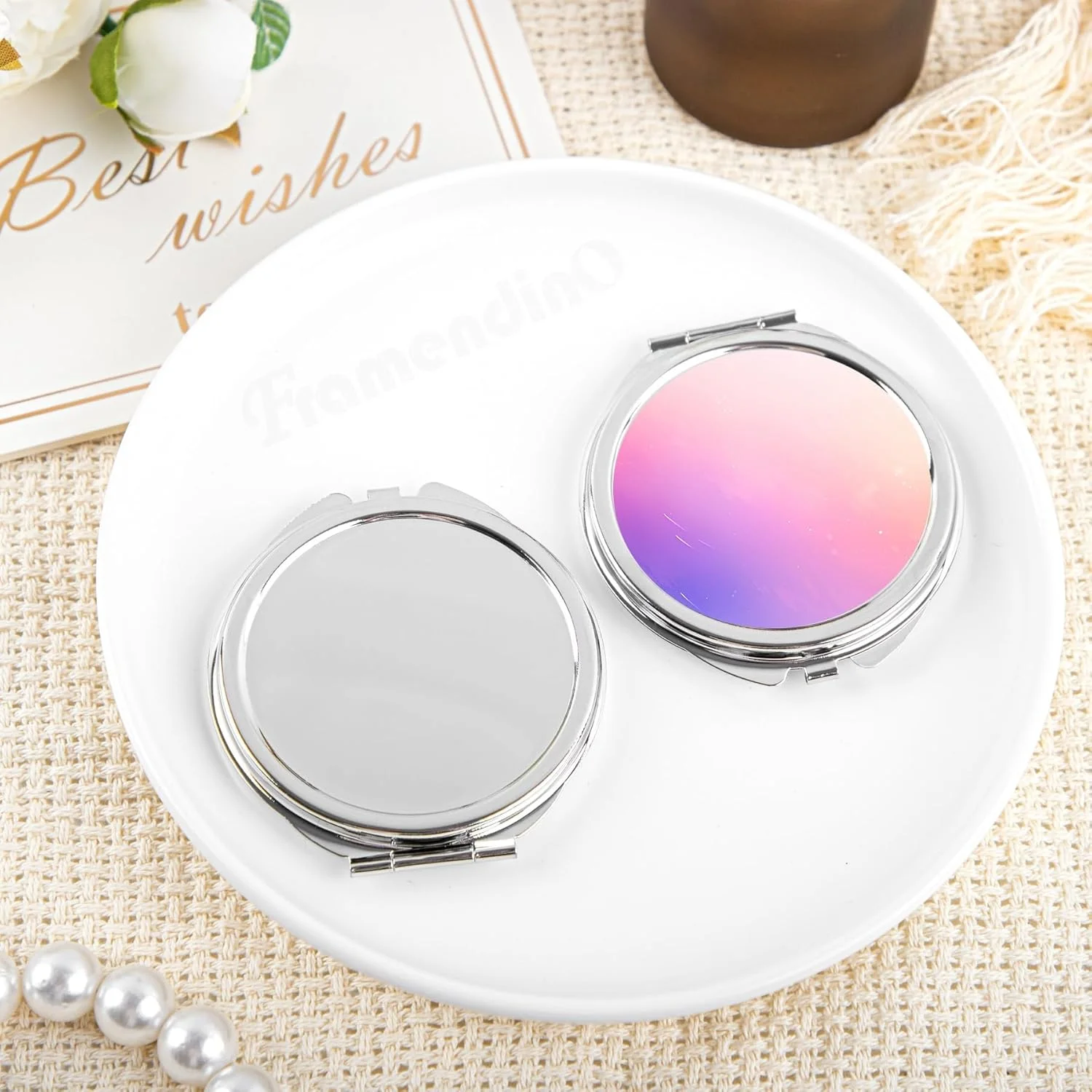 Framendino، بسته 12 عددی آینه های آرایشی تصعیدی خام، آینه های آرایشی قابل حمل تاشو گرد برای مسافرت بانوان