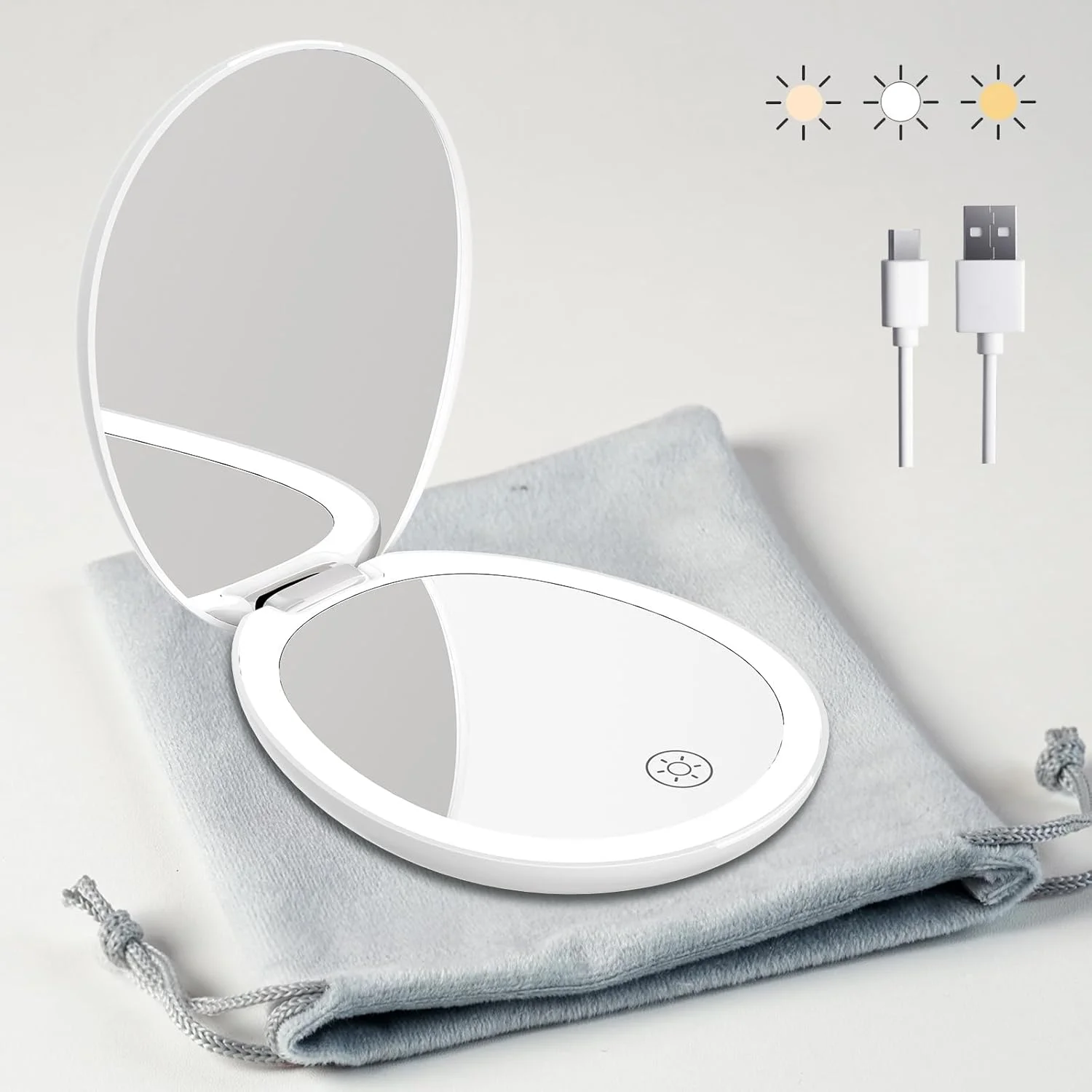 آینه آرایشی مسافرتی FUNTOUCH با نور، آینه کوچک LED کیف پول با نور، آینه فشرده روشن کننده با بزرگنمایی 10 برابر، آینه آرایشی کوچک دو طرفه با 3 رنگ نور و کیف