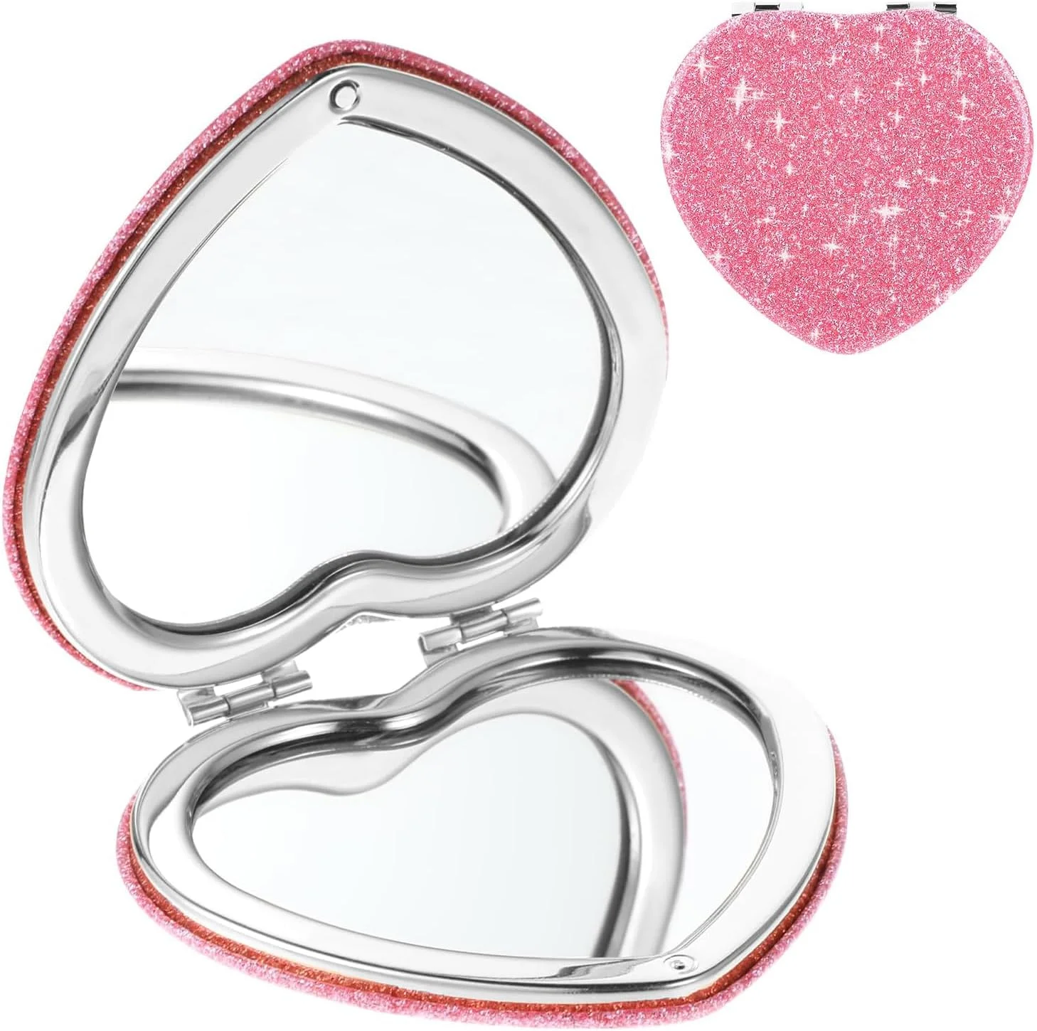 آینه جیبی فانتزی، آینه آرایشی جمع و جور طرح قلب صورتی، آینه آرایشی قابل حمل، آینه دو طرفه با بزرگنمایی 1X/2X، آینه کوچک اکلیلی برای زنان و دختران