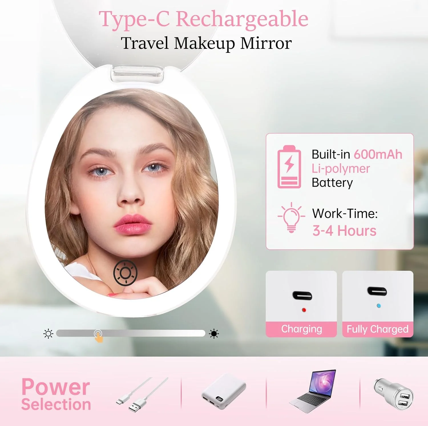 آینه آرایشی مسافرتی FUNTOUCH با نور، آینه کوچک LED کیف پول با نور، آینه فشرده روشن کننده با بزرگنمایی 10 برابر، آینه آرایشی کوچک دو طرفه با 3 رنگ نور و کیف