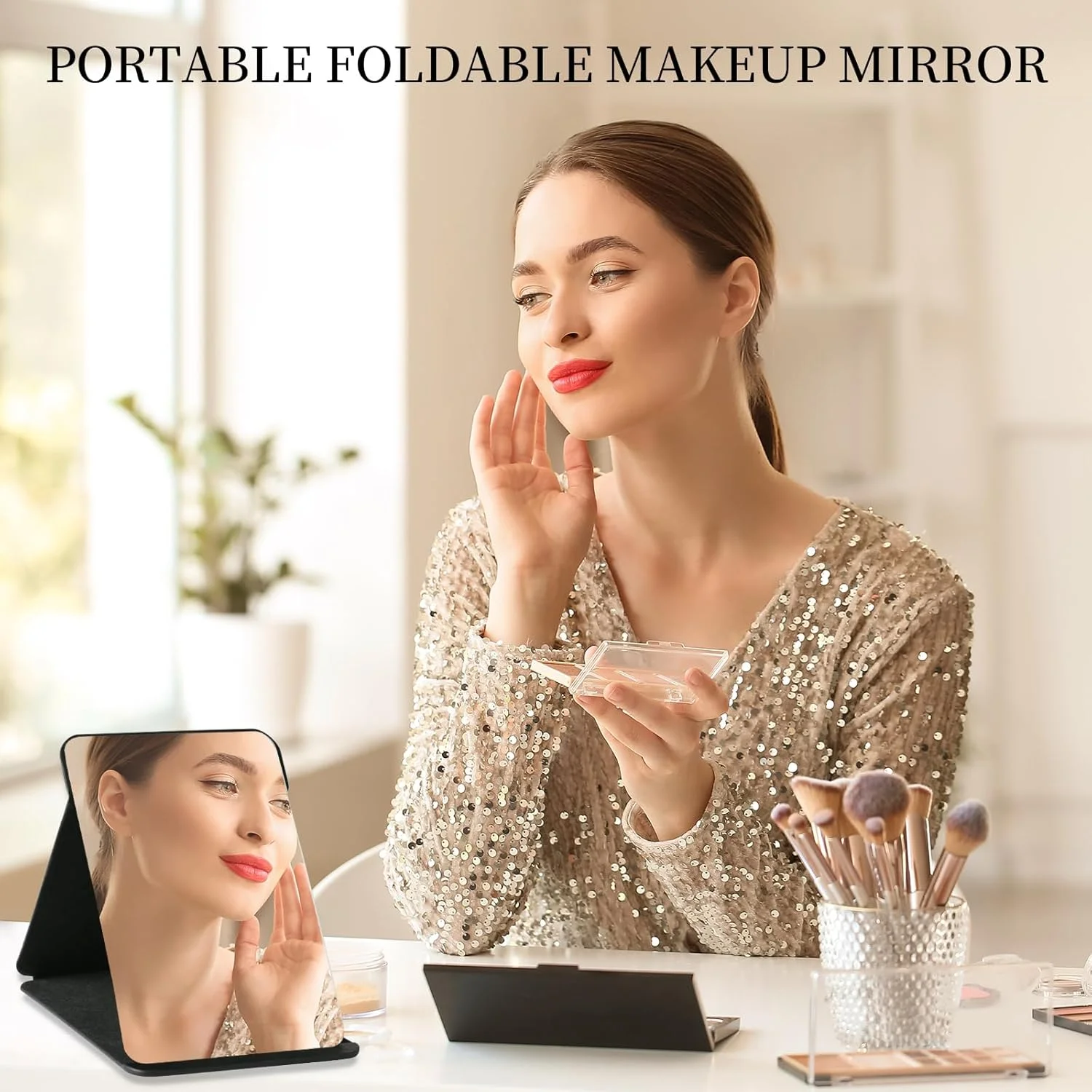 آینه تاشو مسافرتی، آینه رومیزی با زوایای ایستاده متعدد، آینه تاشو با چرم PU مشکی، آینه آرایش فوق العاده HD، آینه جیبی، унисекс، فوق العاده نازک، بادوام، برای اصلاح و آرایش، 21