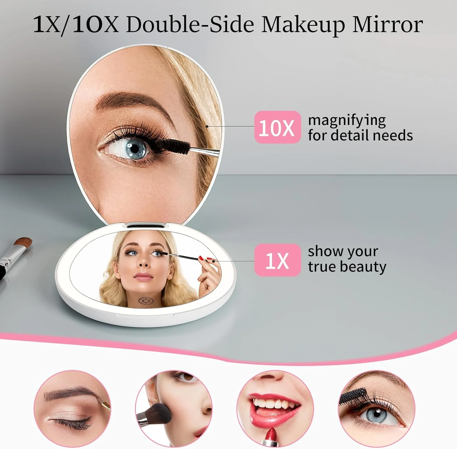 آینه آرایشی مسافرتی FUNTOUCH با نور، آینه کوچک LED کیف پول با نور، آینه فشرده روشن کننده با بزرگنمایی 10 برابر، آینه آرایشی کوچک دو طرفه با 3 رنگ نور و کیف