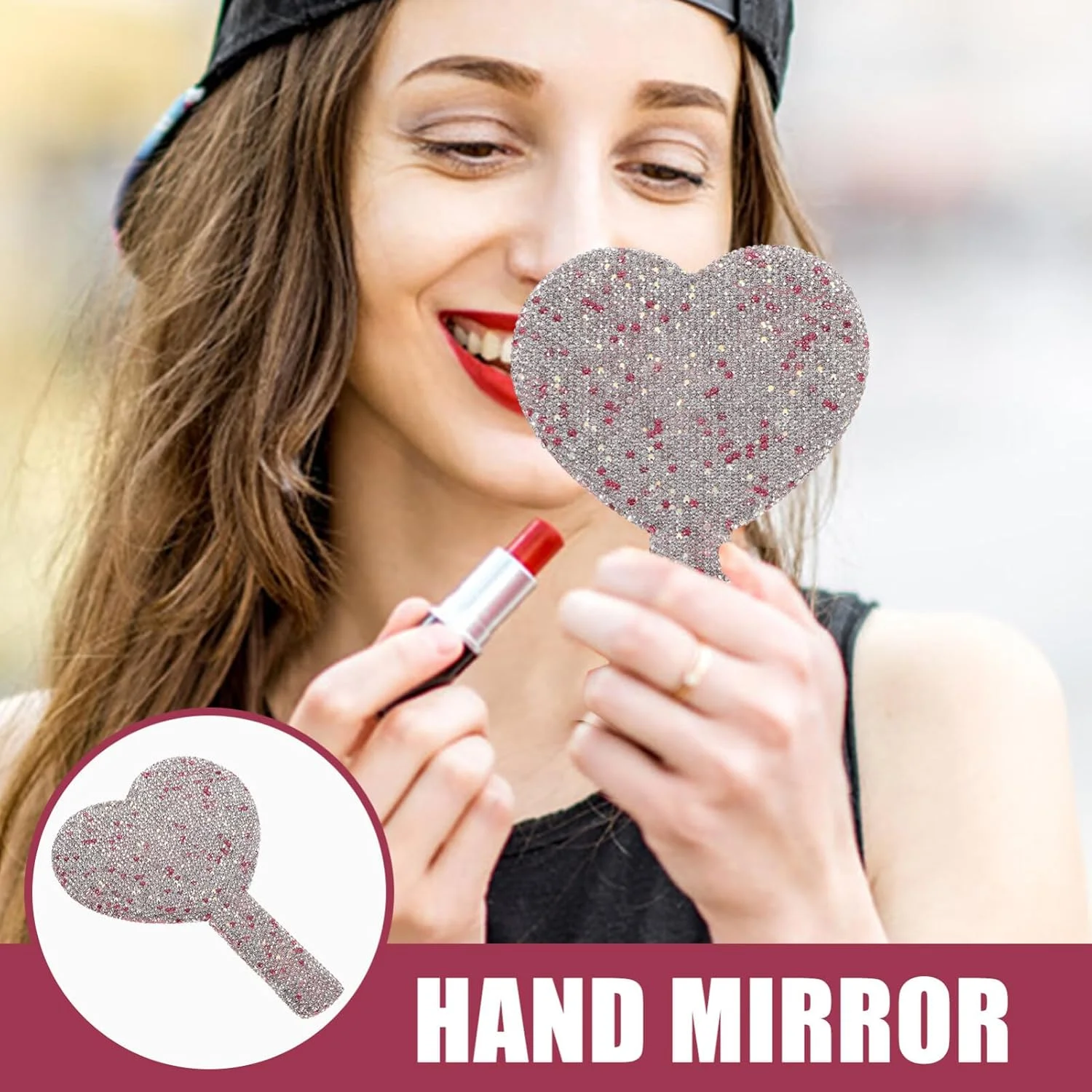آینه دستی نگین دار FRCOLOR طرح قلب، آینه آرایشی براق، آینه مسافرتی جمع و جور و جذاب برای بانوان