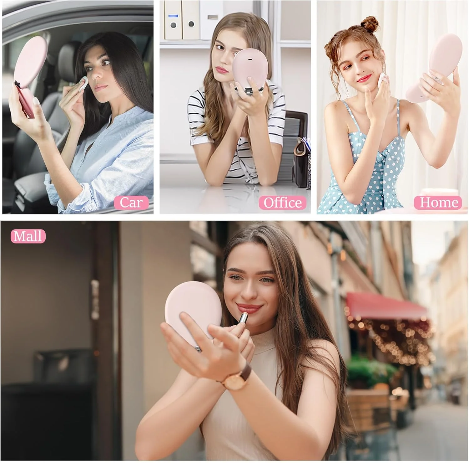 آینه آرایشی مسافرتی FUNTOUCH با نور، آینه کوچک LED کیف پول با نور، آینه فشرده روشن کننده با بزرگنمایی 10 برابر، آینه آرایشی کوچک دو طرفه با 3 رنگ نور و کیف