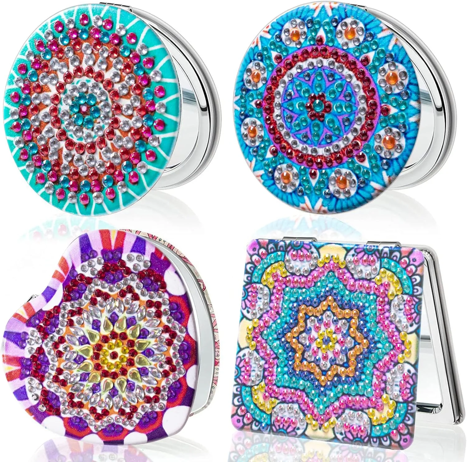 مجموعه آینه های جیبی نقاشی الماس HXYQMMY شامل 4 عدد - آینه جیبی DIY با پوشش نقاشی الماس، آینه آرایشی کوچک تاشو و قابل حمل، کیت صنایع دستی هنری الماس برای زنان و بزرگسالان (mirror116-119)