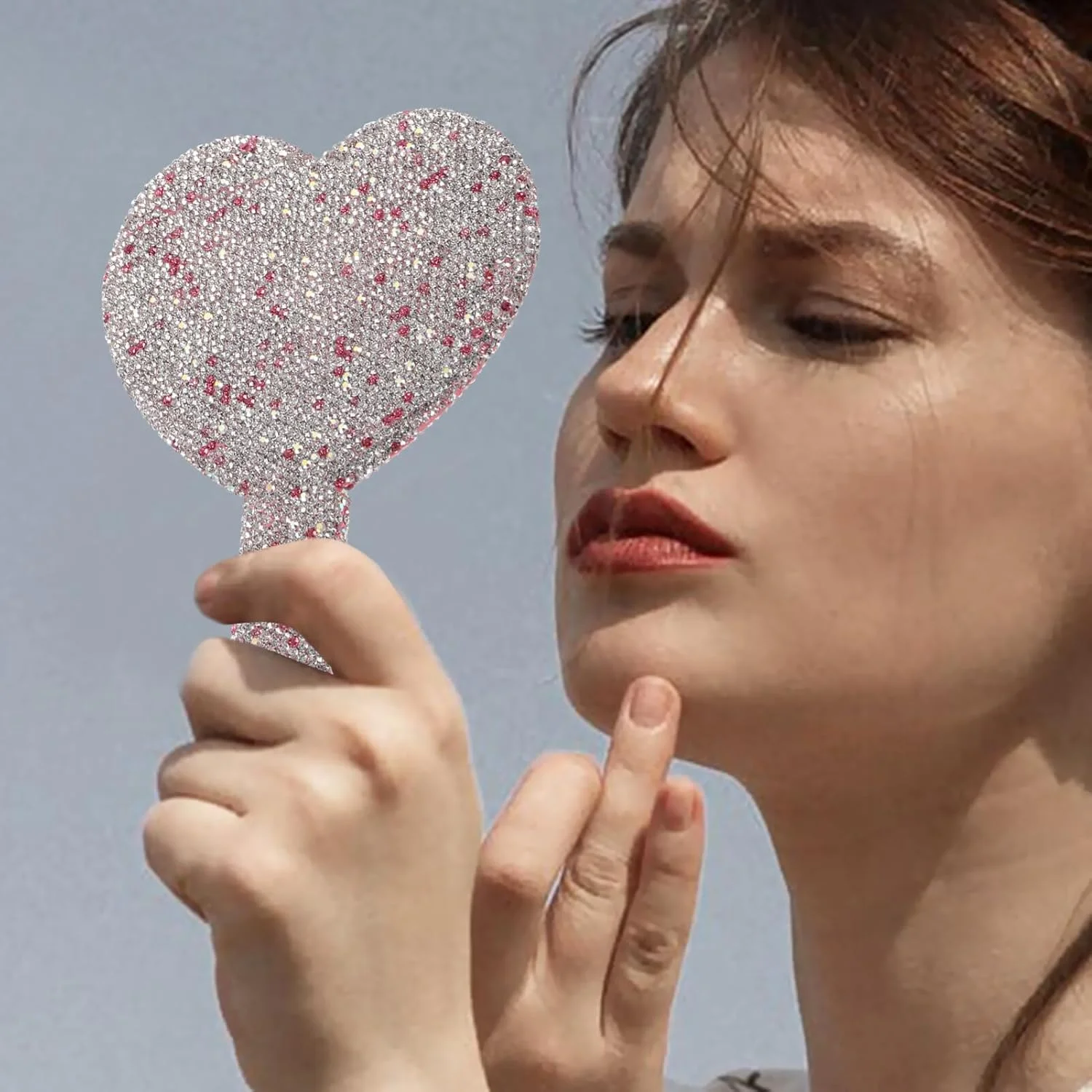 آینه دستی نگین دار FRCOLOR طرح قلب، آینه آرایشی براق، آینه مسافرتی جمع و جور و جذاب برای بانوان