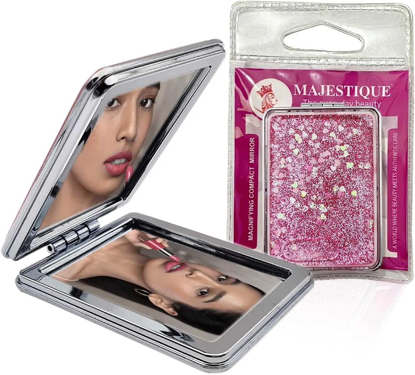 آینه جیبی مربعی اکلیلی مجستیک، آینه تاشو با بزرگنمایی 1X/2X، آینه کوچک و جمع و جور برای دختران، مردان، زنان - طرح ها ممکن است متفاوت باشد، قاب دار، قابل نصب روی میز، سفید