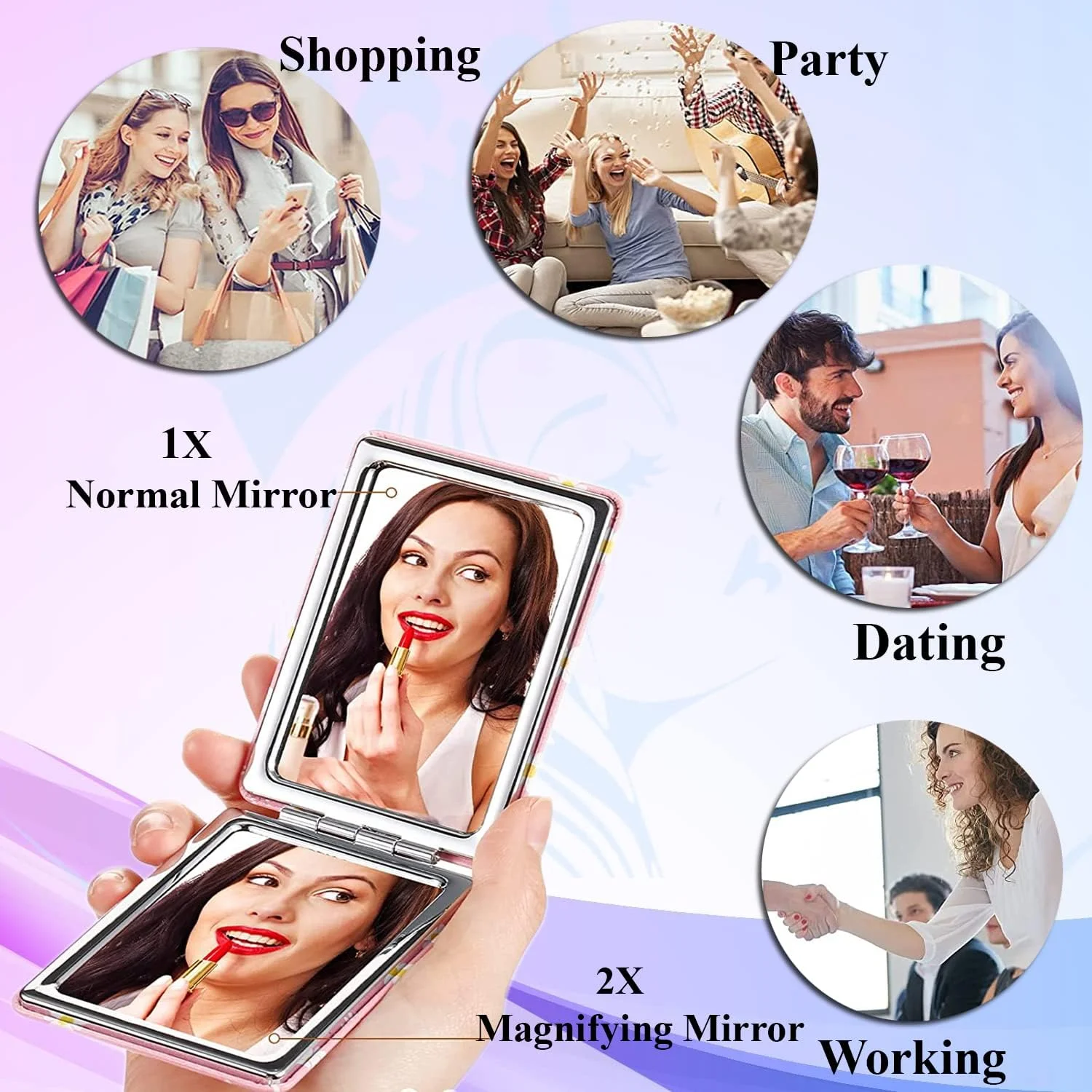 آینه جیبی مربعی اکلیلی مجستیک، آینه تاشو با بزرگنمایی 1X/2X، آینه کوچک و جمع و جور برای دختران، مردان، زنان - طرح ها ممکن است متفاوت باشد، قاب دار، قابل نصب روی میز، سفید