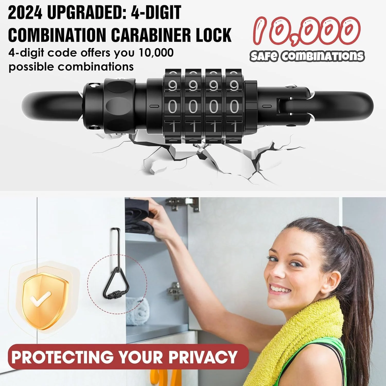 قفل ترکیبی NALACAL، گیره کارابین سنگین، قفل ترکیبی 4 رقمی مثلثی شکل برای قفل کابل امنیتی حلقه دار دوچرخه، چمدان، قفل کوله پشتی مسافرتی (1، مشکی)