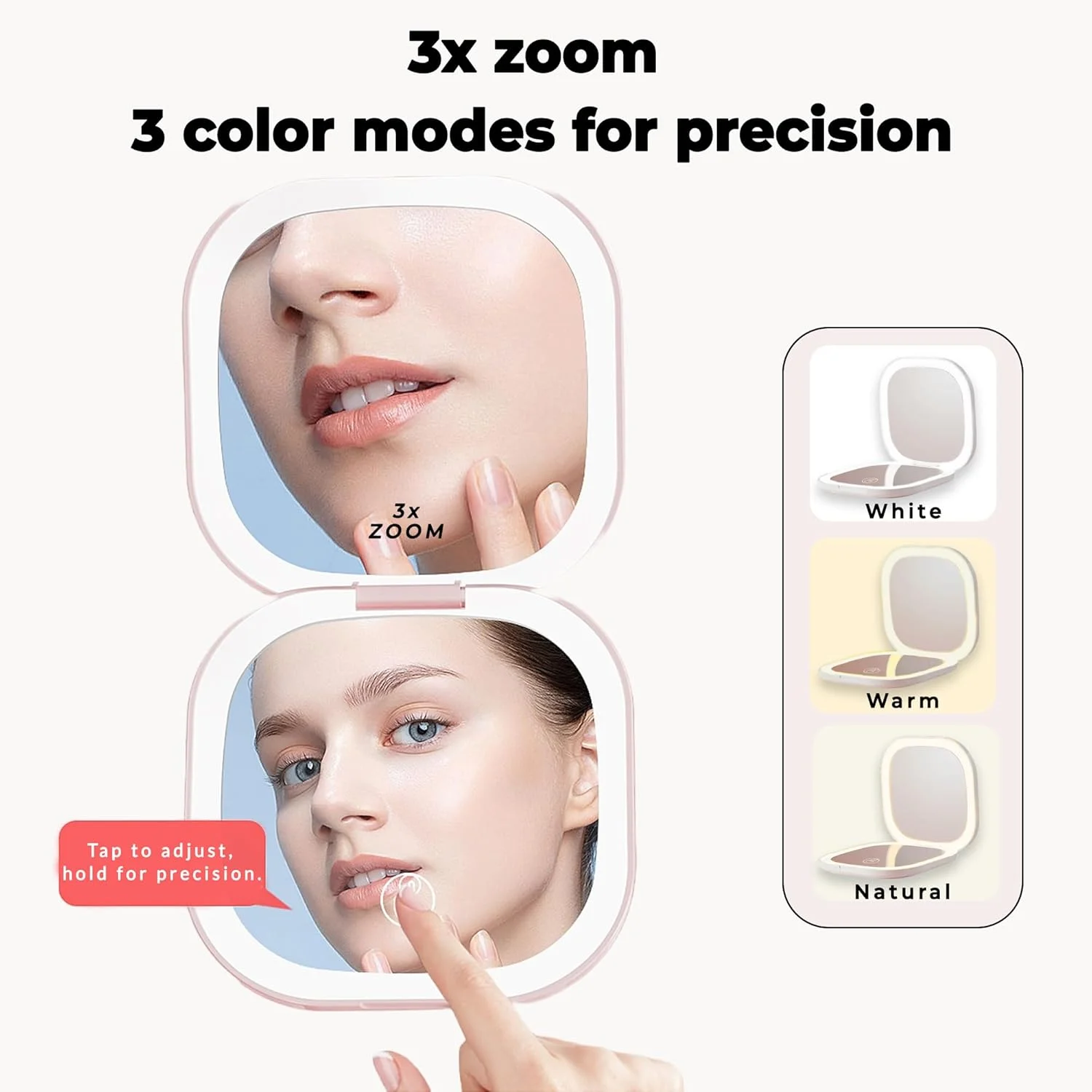آینه آرایشی مسافرتی MINIB، آینه LED جمع و جور - آینه جیبی دو طرفه 4 اینچی، بزرگنمایی 1X/3X، صفحه لمسی قابل تنظیم نور، آینه آرایشی جمع و جور (صورتی)