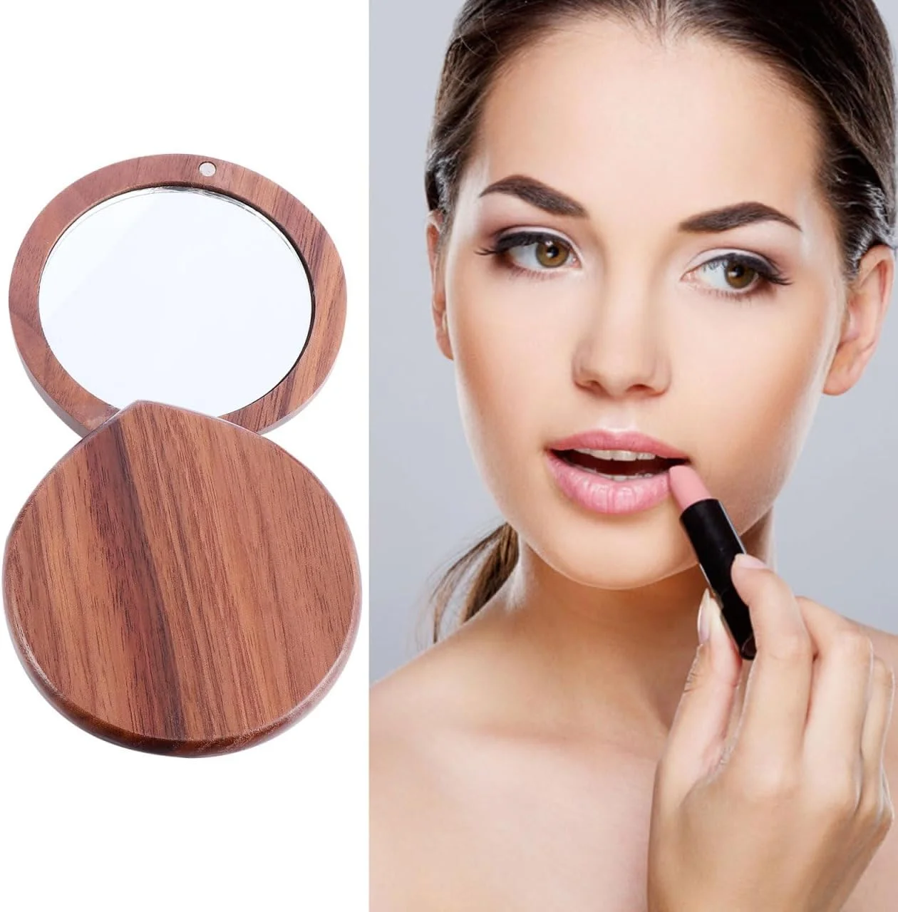آینه آرایشی چوبی کوچک، آینه جیبی قابل حمل، آینه دستی مسافرتی مناسب کیف