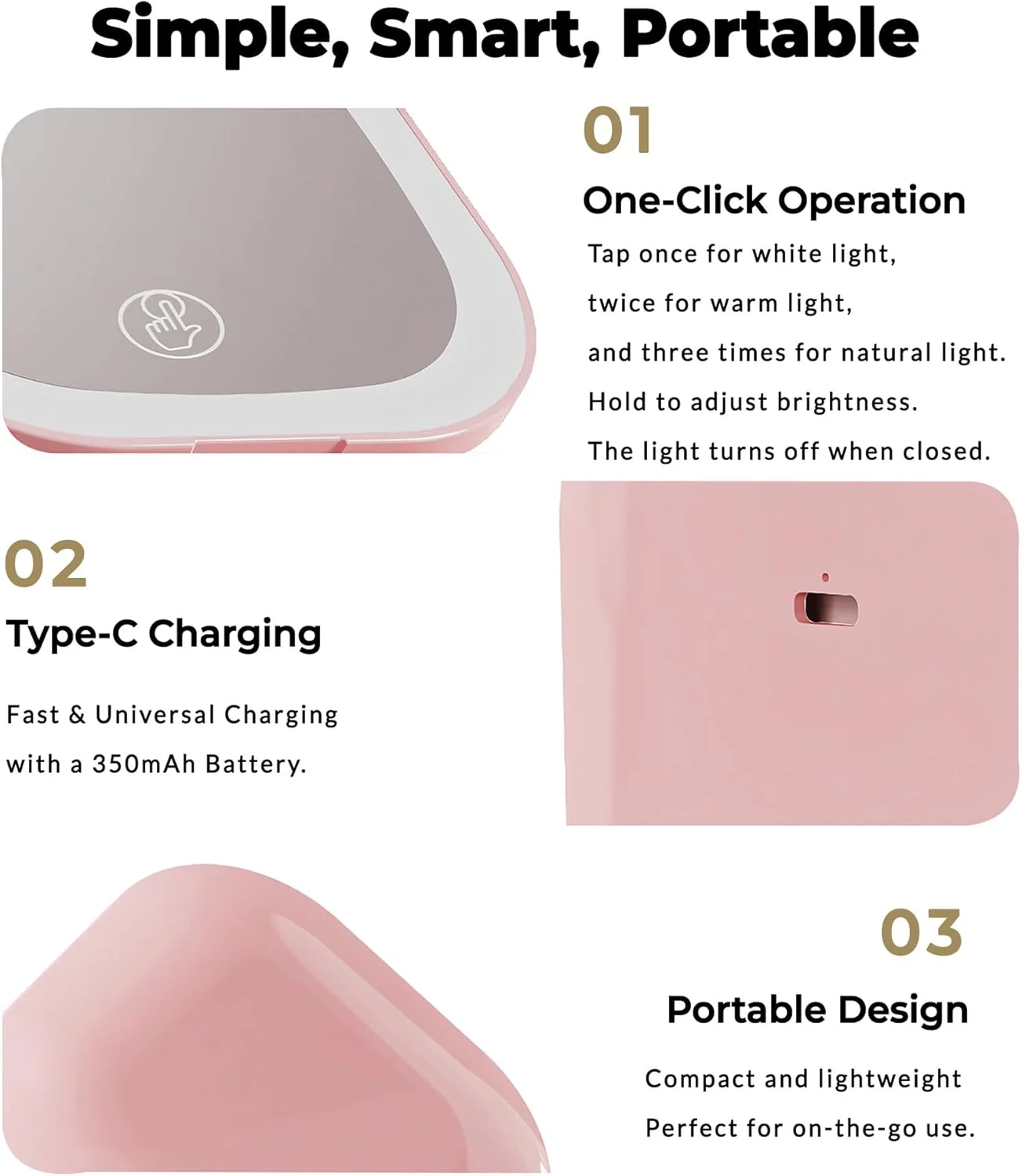 آینه آرایشی مسافرتی MINIB، آینه LED جمع و جور - آینه جیبی دو طرفه 4 اینچی، بزرگنمایی 1X/3X، صفحه لمسی قابل تنظیم نور، آینه آرایشی جمع و جور (صورتی)