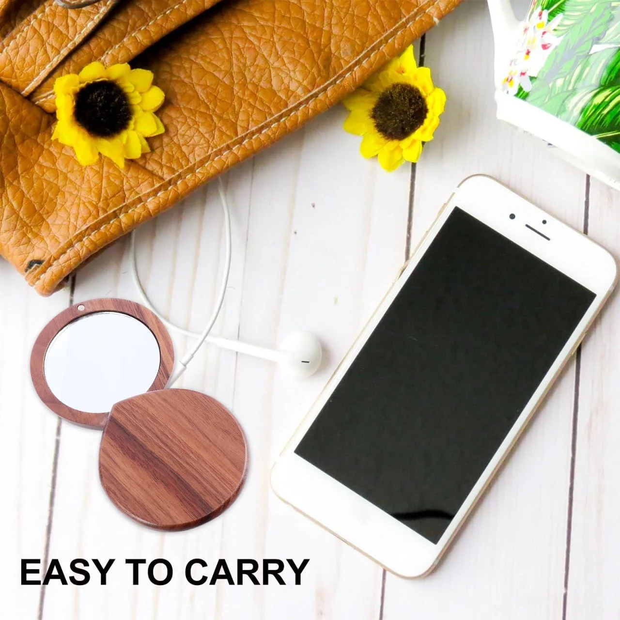 آینه آرایشی چوبی کوچک، آینه جیبی قابل حمل، آینه دستی مسافرتی مناسب کیف