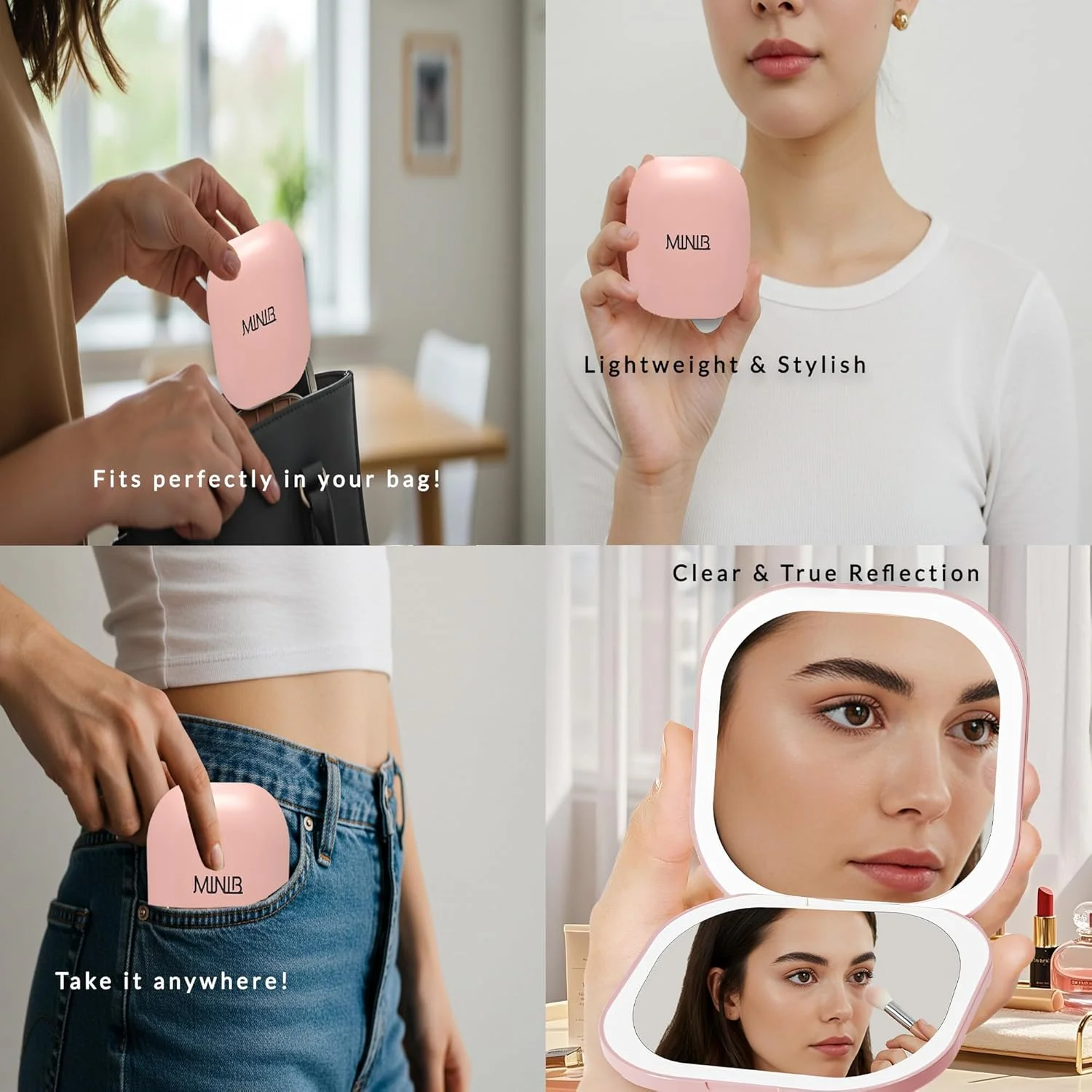 آینه آرایشی مسافرتی MINIB، آینه LED جمع و جور - آینه جیبی دو طرفه 4 اینچی، بزرگنمایی 1X/3X، صفحه لمسی قابل تنظیم نور، آینه آرایشی جمع و جور (صورتی)