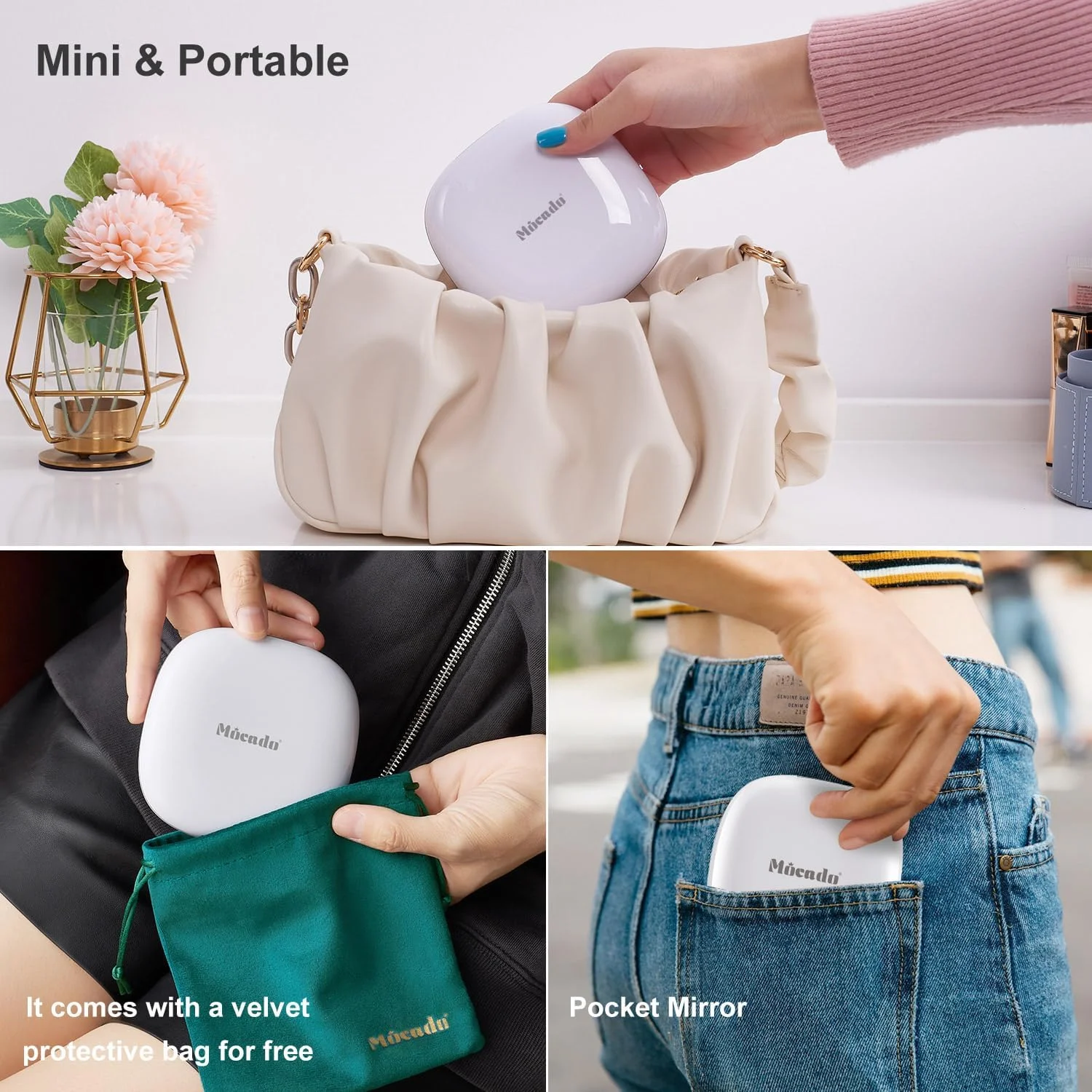 آینه آرایشی مسافرتی ذره بینی LED فشرده Mocado - 4 اینچ بزرگنمایی 1X/10X، آینه کوچک دستی جیبی با نور قابل تنظیم دو طرفه، شارژ USB، صفحه لمسی، لوازم آرایشی قابل حمل رومیزی (سفید)