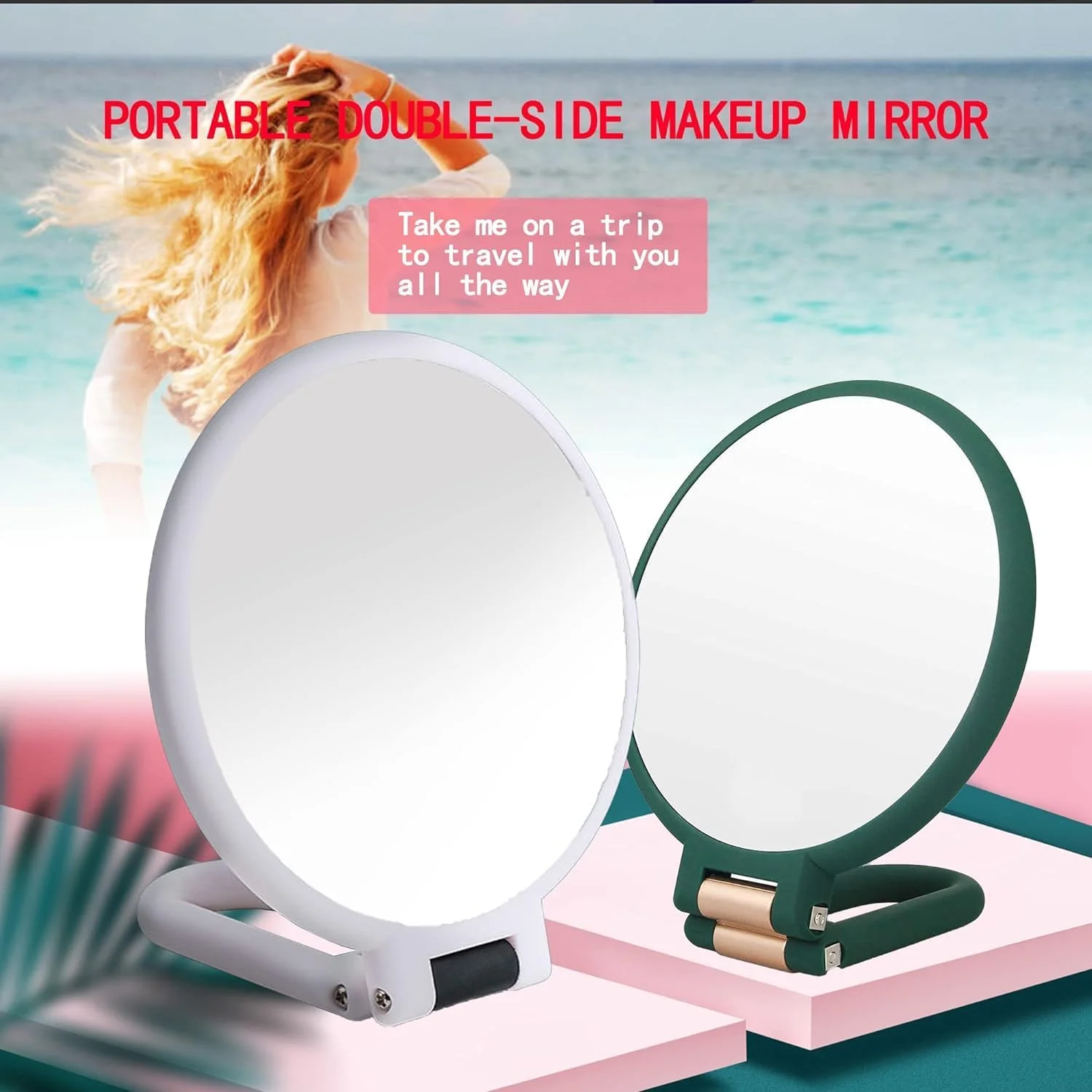 آینه آرایشی بزرگنمایی دار نالاکال، آینه های جمع و جور تاشو مسافرتی 1X 5X، برای زنان آینه آرایشی دستی چرخشی 360 درجه، با دسته آینه گرد رومیزی دو طرفه سفید