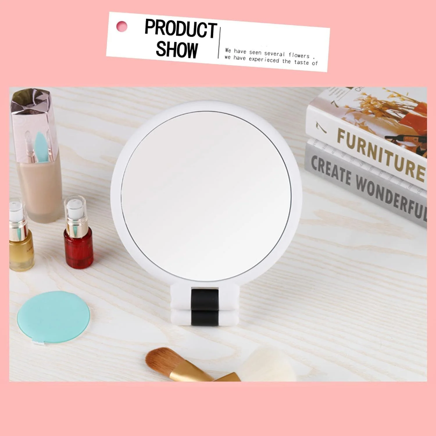 آینه آرایشی بزرگنمایی دار نالاکال، آینه های جمع و جور تاشو مسافرتی 1X 5X، برای زنان آینه آرایشی دستی چرخشی 360 درجه، با دسته آینه گرد رومیزی دو طرفه سفید