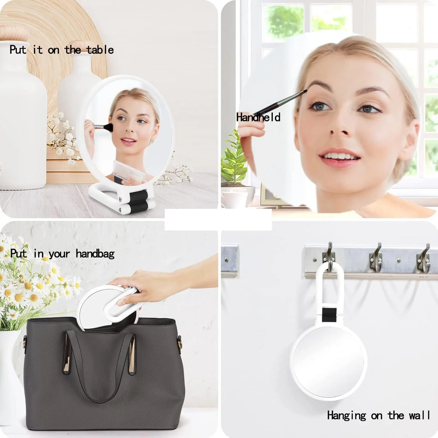 آینه آرایشی بزرگنمایی دار نالاکال، آینه های جمع و جور تاشو مسافرتی 1X 5X، برای زنان آینه آرایشی دستی چرخشی 360 درجه، با دسته آینه گرد رومیزی دو طرفه سفید