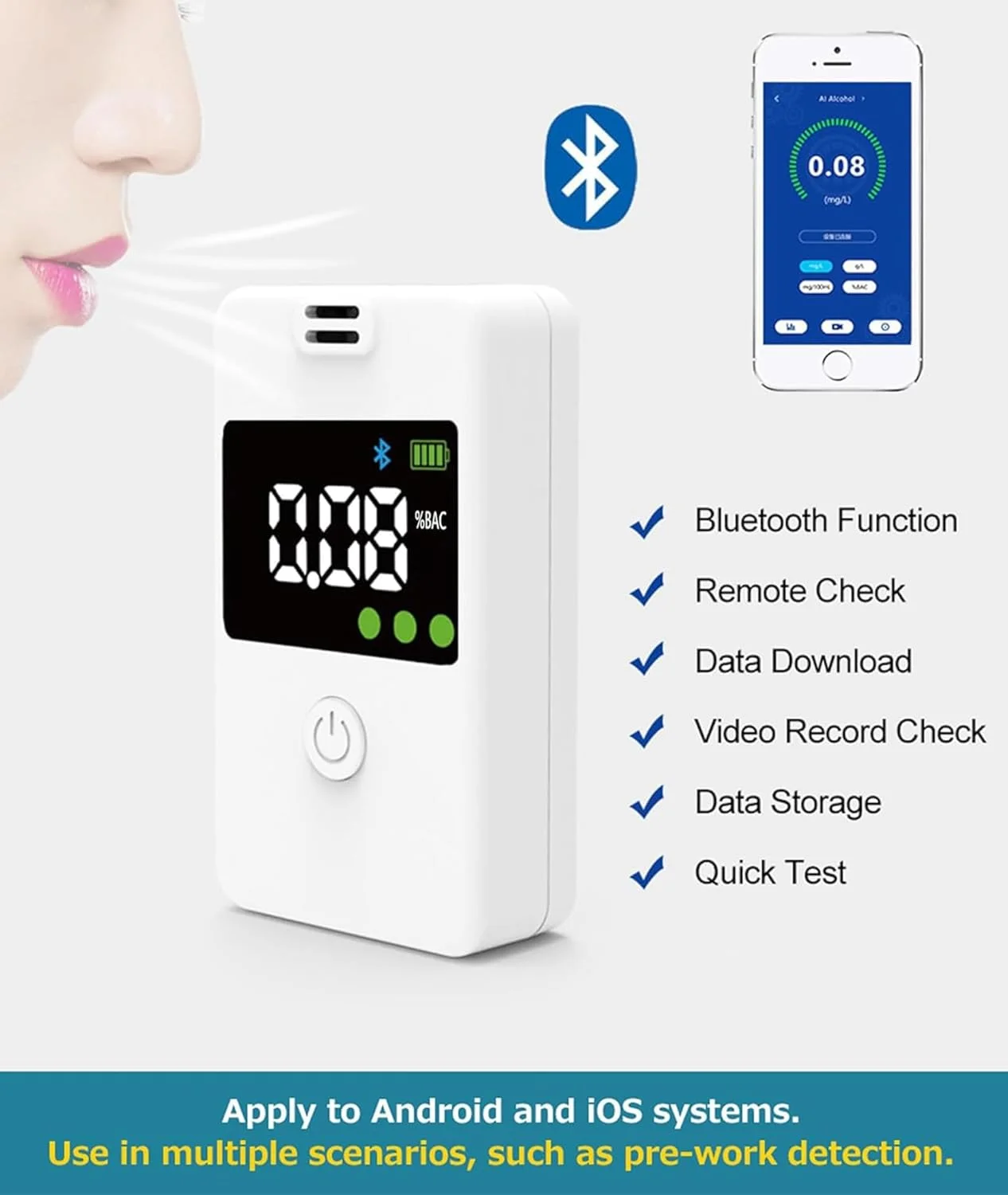 دستگاه تست الکل تنفسی NALACAL با دقت حرفه ای، اتصال بلوتوث و صفحه نمایش دیجیتال آبی LCD برای استفاده شخصی، خانگی یا مهمانی