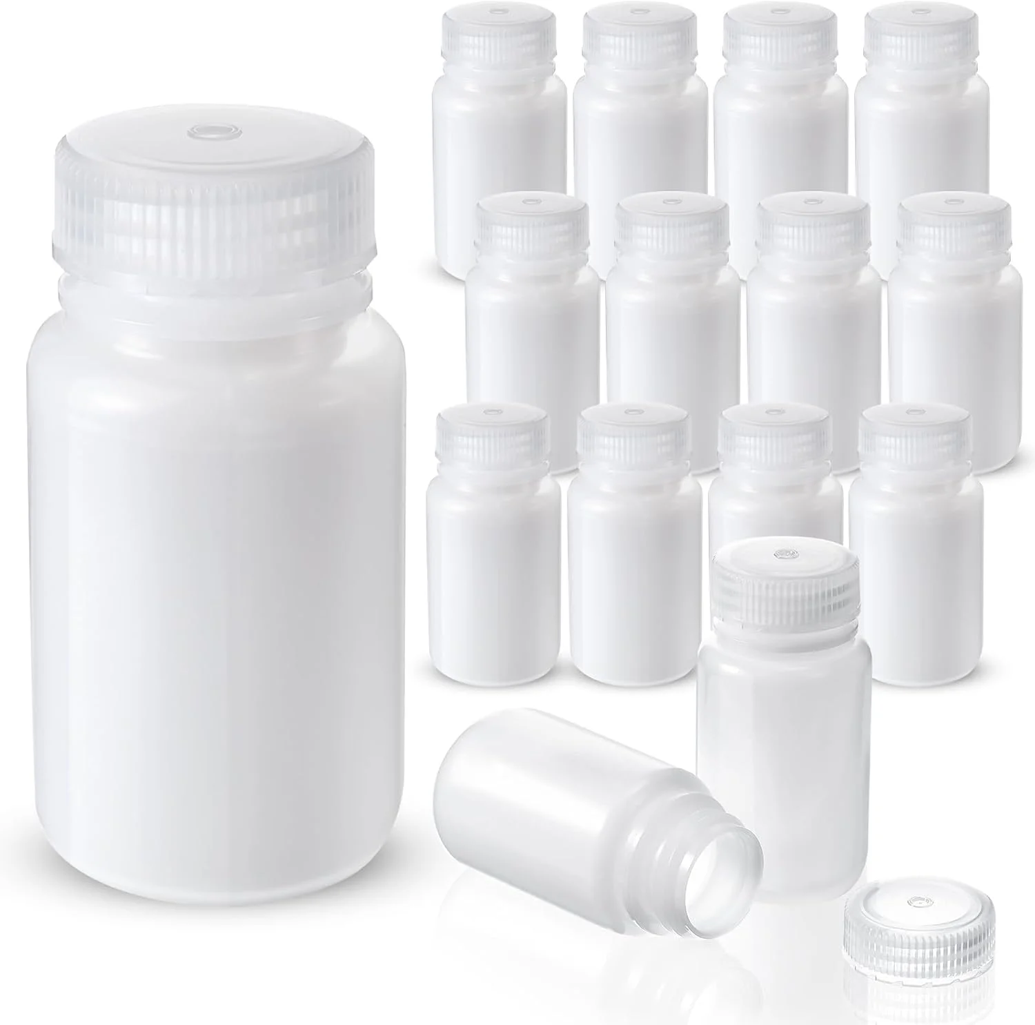 NALACAL بسته 30 عددی بطری های دهان گشاد پلی پروپیلن، بطری های کوچک آب، بطری های پلاستیکی 4 اونسی با درب، بطری های نمونه مهر و موم شده خالی، ظروف بطری HDPE ضد نشت برای آزمایشگاه، کلاس درس، خانه، سفید