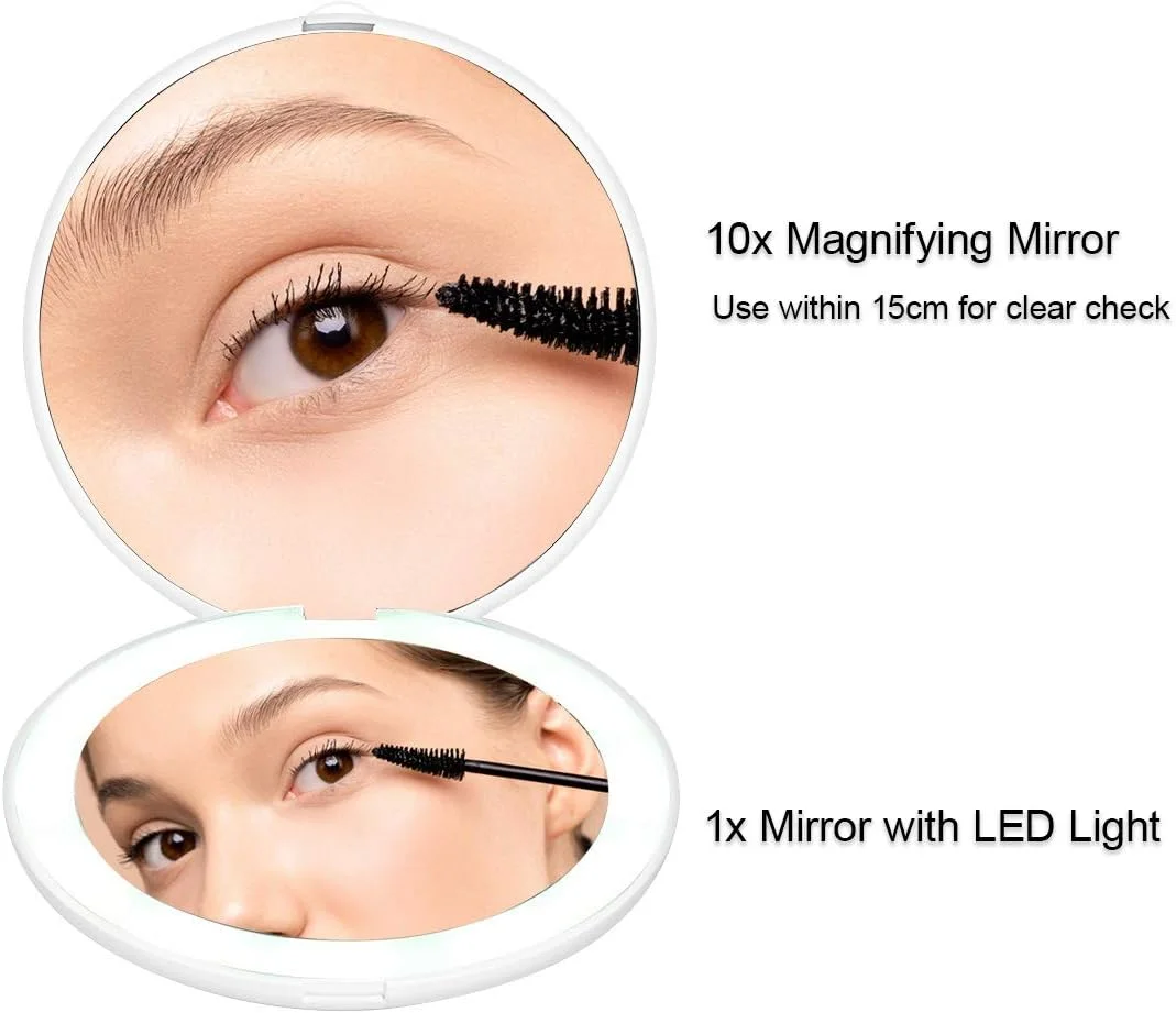 آینه مسافرتی Milishow با نور LED، آینه جیبی فشرده با بزرگنمایی 1x/10x و نور، آینه گرد تاشو دو طرفه روشن، آینه آرایشی دستی (سفید)