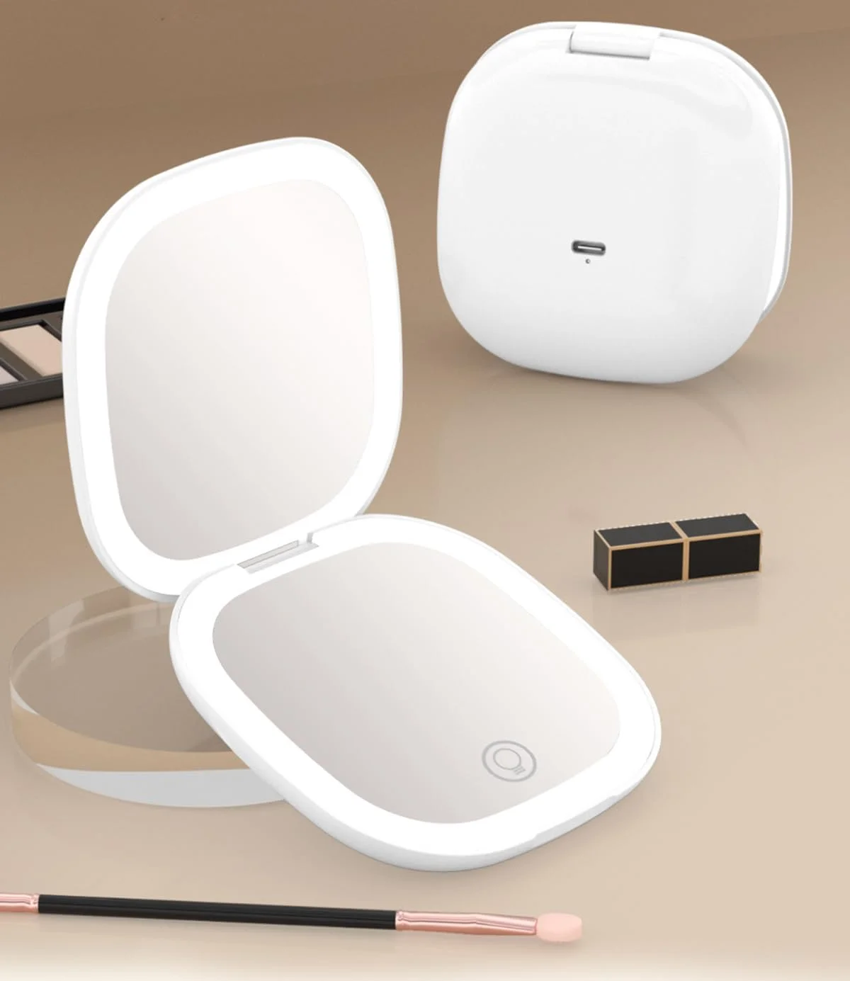 آینه آرایشی مسافرتی Meichoon، آینه دستی جیبی قابل حمل، آینه فشرده LED با بزرگنمایی 1X/5X دو طرفه، 3 رنگ قابل تنظیم، USB قابل شارژ UK16 مشکی