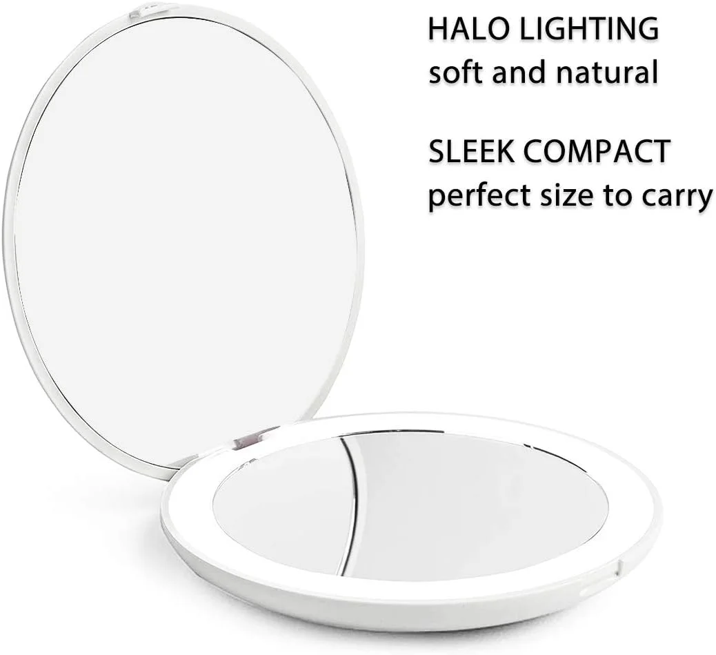 آینه مسافرتی Milishow با نور LED، آینه جیبی فشرده با بزرگنمایی 1x/10x و نور، آینه گرد تاشو دو طرفه روشن، آینه آرایشی دستی (سفید)