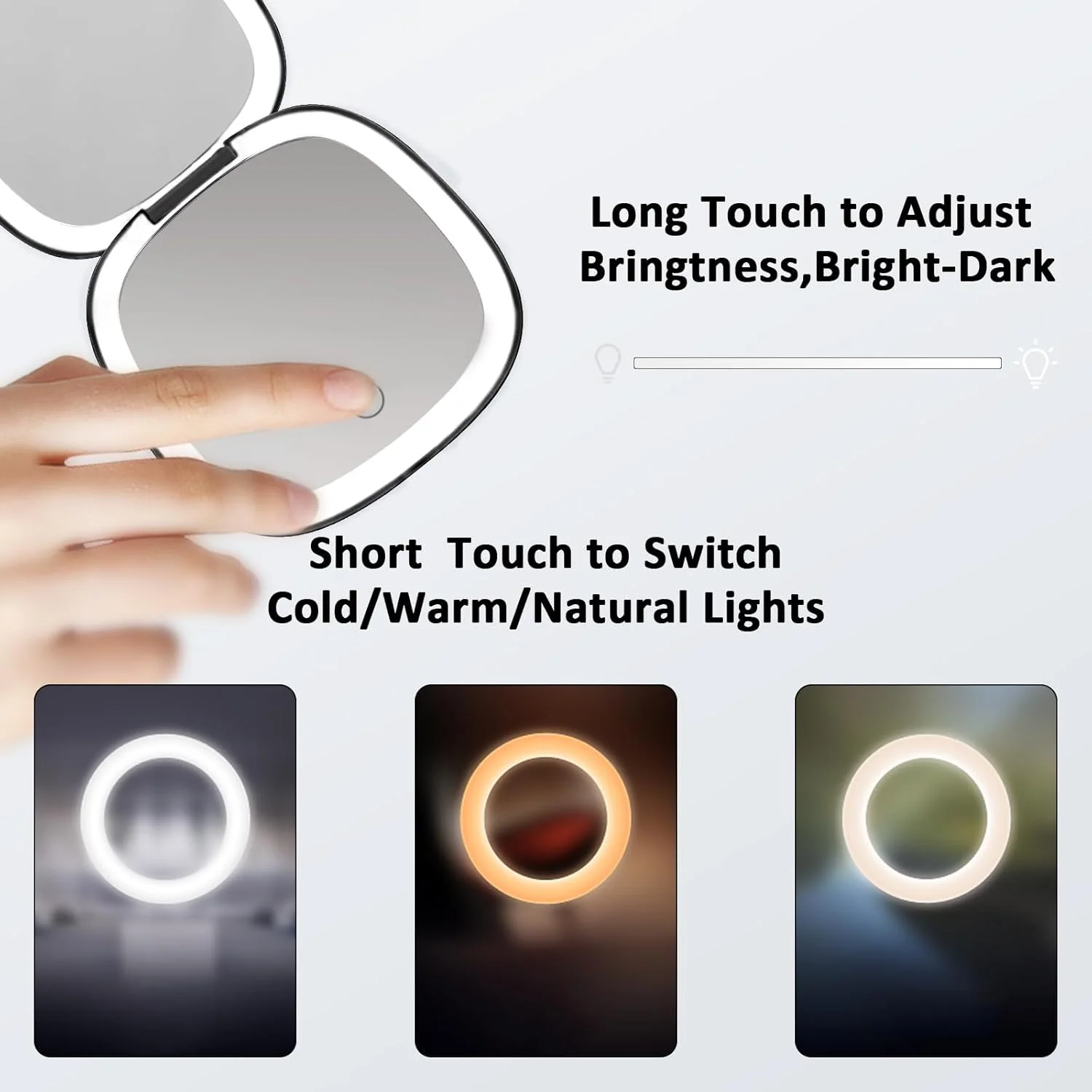 آینه آرایشی قابل حمل Micacorn با نور LED، بزرگنمایی 1 و 10 برابر، آینه تاشو شارژی USB با صفحه لمسی و 3 رنگ نور قابل تنظیم، مناسب کیف دستی