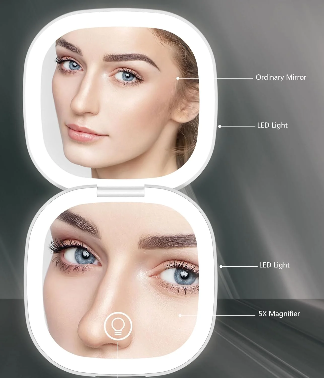 آینه آرایشی مسافرتی Meichoon، آینه دستی جیبی قابل حمل، آینه فشرده LED با بزرگنمایی 1X/5X دو طرفه، 3 رنگ قابل تنظیم، USB قابل شارژ UK16 مشکی