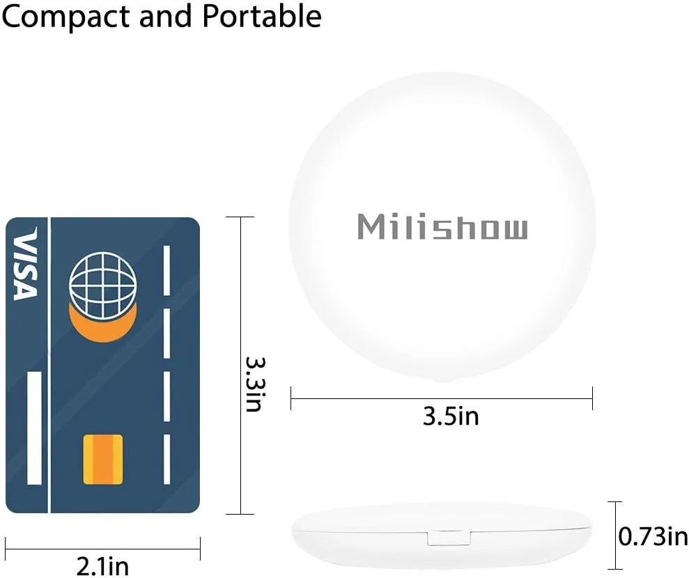 آینه مسافرتی Milishow با نور LED، آینه جیبی فشرده با بزرگنمایی 1x/10x و نور، آینه گرد تاشو دو طرفه روشن، آینه آرایشی دستی (سفید)